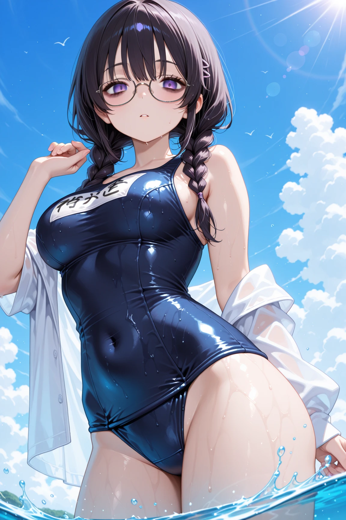 8K quality,(super masterpiece:1.3),Highest quality,Detailed Images,1 girl,10th Generation,face(smile,笑face,Droopy eyes,Green Eyes,Green Eyes,Bright Eyes,Thick eyebrows,Thick eyebrows),hair(ピンクのhair,Long Hair),Decoration(Glasses,The frame is thin,小さいGlasses),Body Type(Large Breasts,F cupの胸,Medium build,(Plump:0.8),Tan Skin),Magical Power(Flying in the air,Flying in the sky,Flying above the clouds,Flight),clothing(Navy blue school swimsuit),background(stratosphere,universe,Earth,High enough to see the ground),(faceはカメラに対して正面を向く,Looking at the viewer from the front,looking at the camera,The body faces the viewer,The body is facing the direction of the camera,faceはカメラを真っ直ぐ見る).