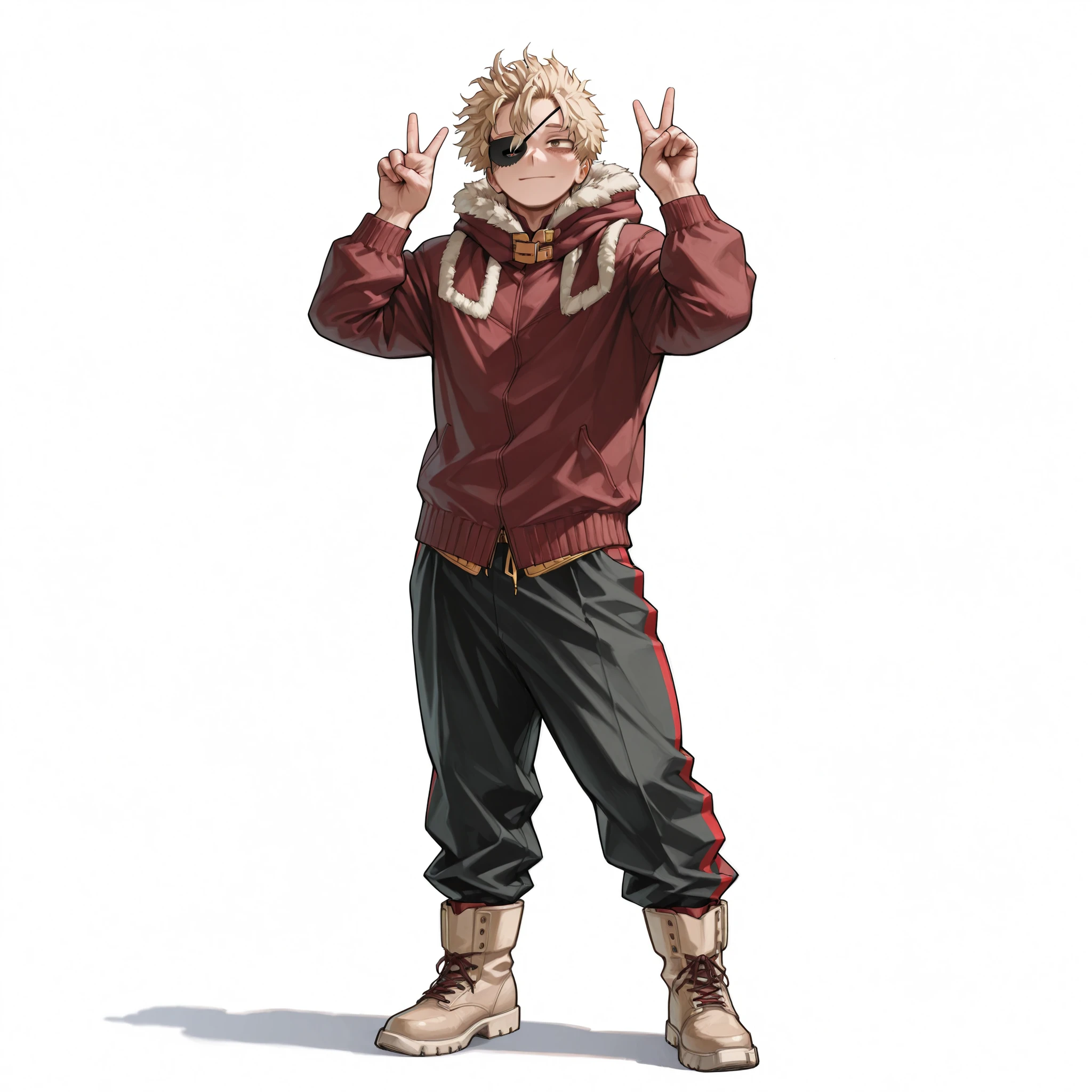 (male), (boy), (tall body), (fit build), (short messy blonde hair), (brown eyes), (solo), (single character), (full body version), (white background), (no background), (highly detailed), (shadow), (standing pose with peace sign), (natural light), (detailed outfit), (detailed hand), (detailed face), (detailed hair)
Wearing a long olive dark red winter parka with fur hood, black fitted pants, and light brown winter boots. ( Boku no Hero academia style art), eye patch,
