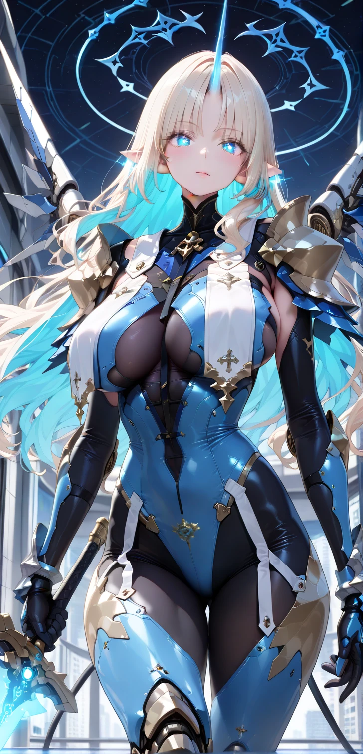 (((masterpiece))), (((best quality))), ((Extremely detailed)), (Highly detailed CG illustrations), ((Extremely delicate and beautiful)), light,((1 Girl)), Solitary, (Upper Body), (character focus), absurd, High contrast, Extremely detailed,rich and colorful,The most detailed, Science fiction, Nanosuit, High Ponytail, (light blue hair), Yellow eyes, Knee-high boots, (Spacecraft interior), Mechanical limbs, ?????????????, metallic line,