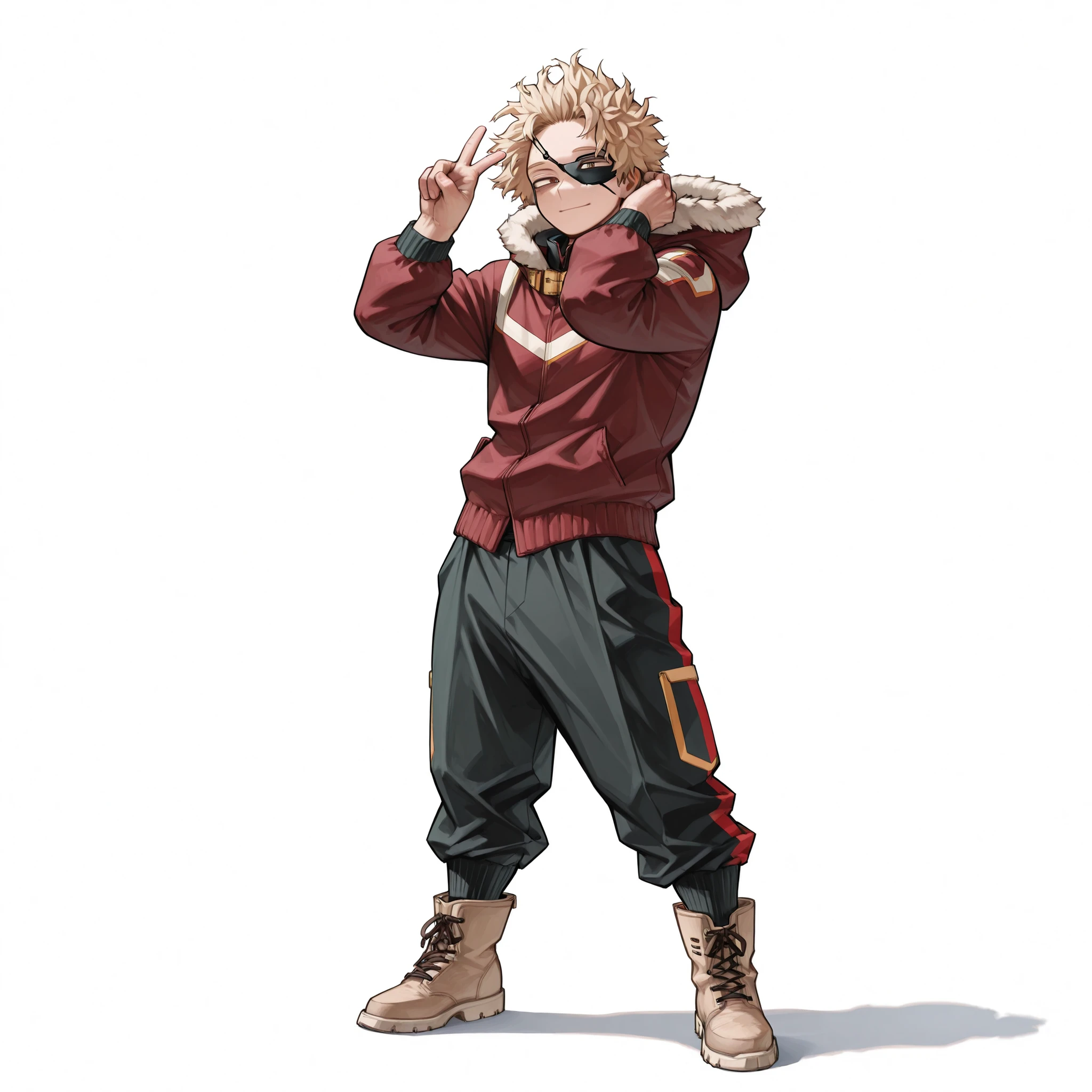 (male), (boy), (tall body), (fit build), (short messy blonde hair), (brown eyes), (solo), (single character), (full body version), (white background), (no background), (highly detailed), (shadow), (standing pose with peace sign), (natural light), (detailed outfit), (detailed hand), (detailed face), (detailed hair)
Wearing a long olive dark red winter parka with fur hood, black fitted pants, and light brown winter boots. ( Boku no Hero academia style art), black eye patch,