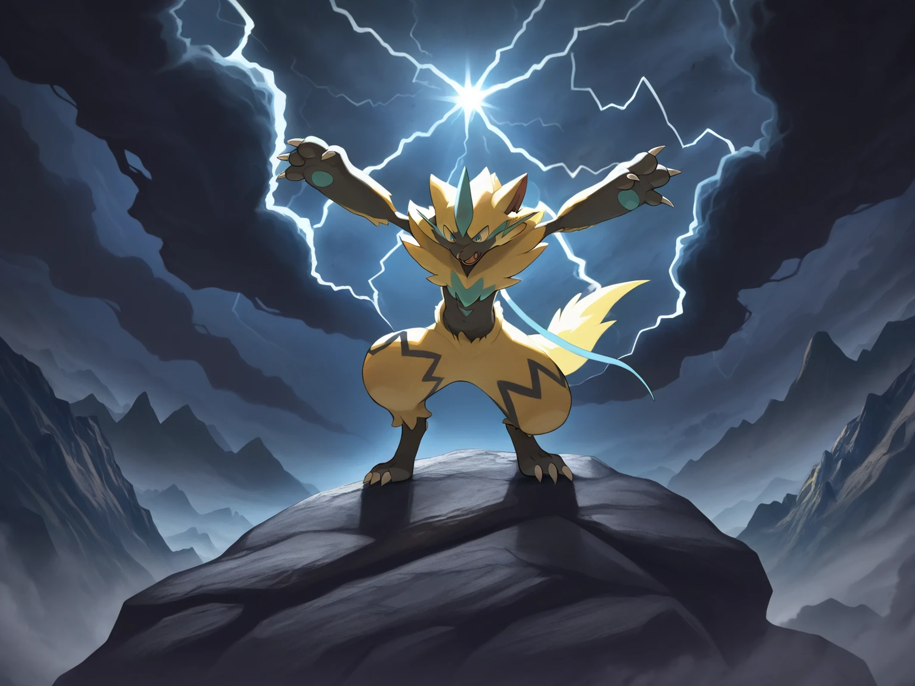 masterpiece, best quality, ZoroarkPXL, slimes_zeraora, hybrid, solo, white fur, open mouth, open arms, face three quarters to the left, stand up, stand on a boulder, electric surrounding the body, rocky mountain, mossy rocks, thunderstorm, black clouds, low angle point of view