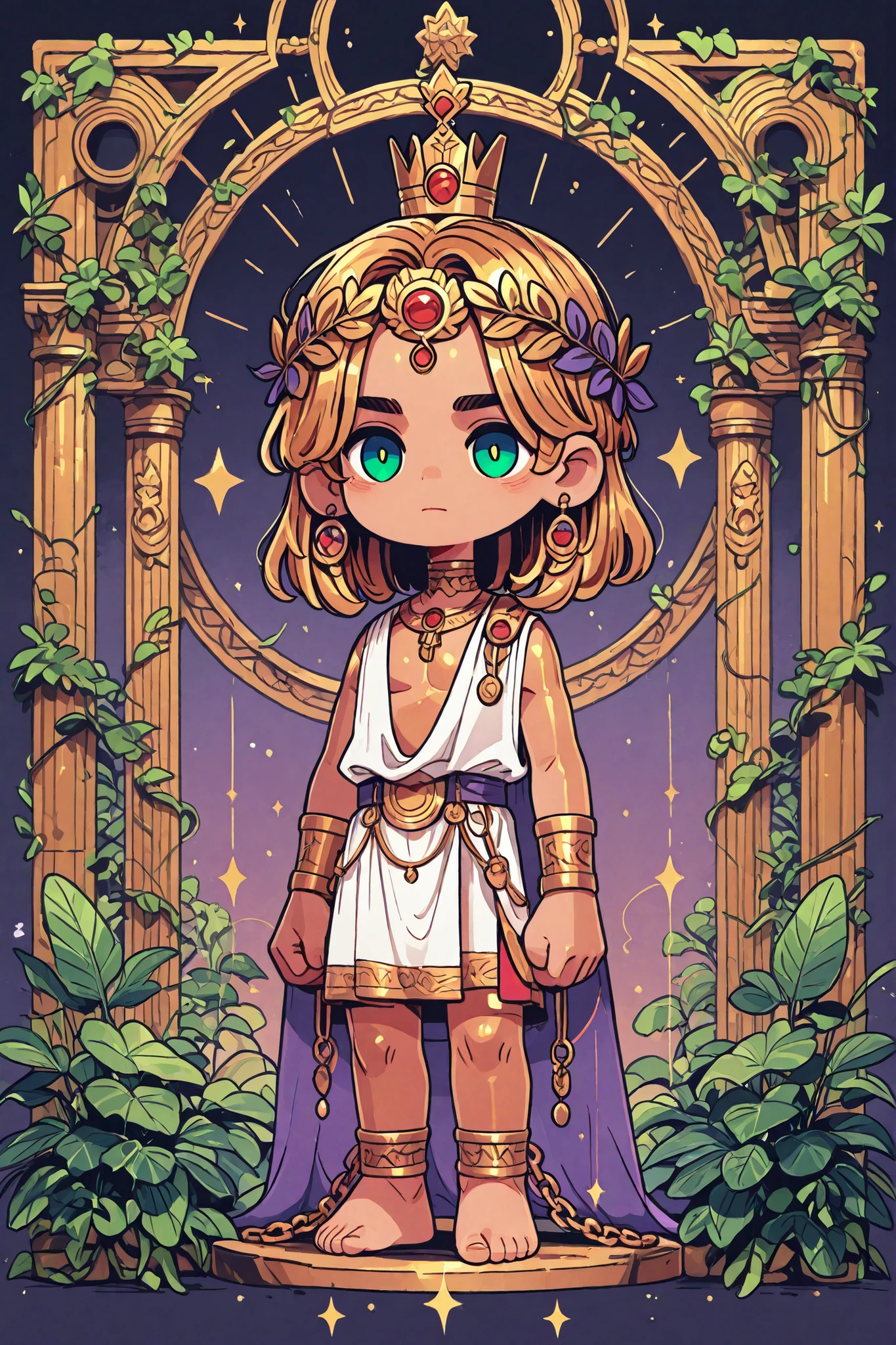 (novuschroma15 style,)(Chibi)  Ancient greek God, middle-edged man (male character). He has tall mighty broad-shouldered body shape with masculine features. He has metallic gold skintone. (He chained with white chains.) He has green eyes that glow like emeralds. He has black leaking black mascara under his eyes. He wears a wreath of scarlet laurel crown on his head. He has wavy LONG golden hairstyle floating in the air. He wearing a  scarlet red Greek toga (greco-roman tunic) with gold embroidery. He's barefoot. (On the background: an overgrown ancient Greek temple)