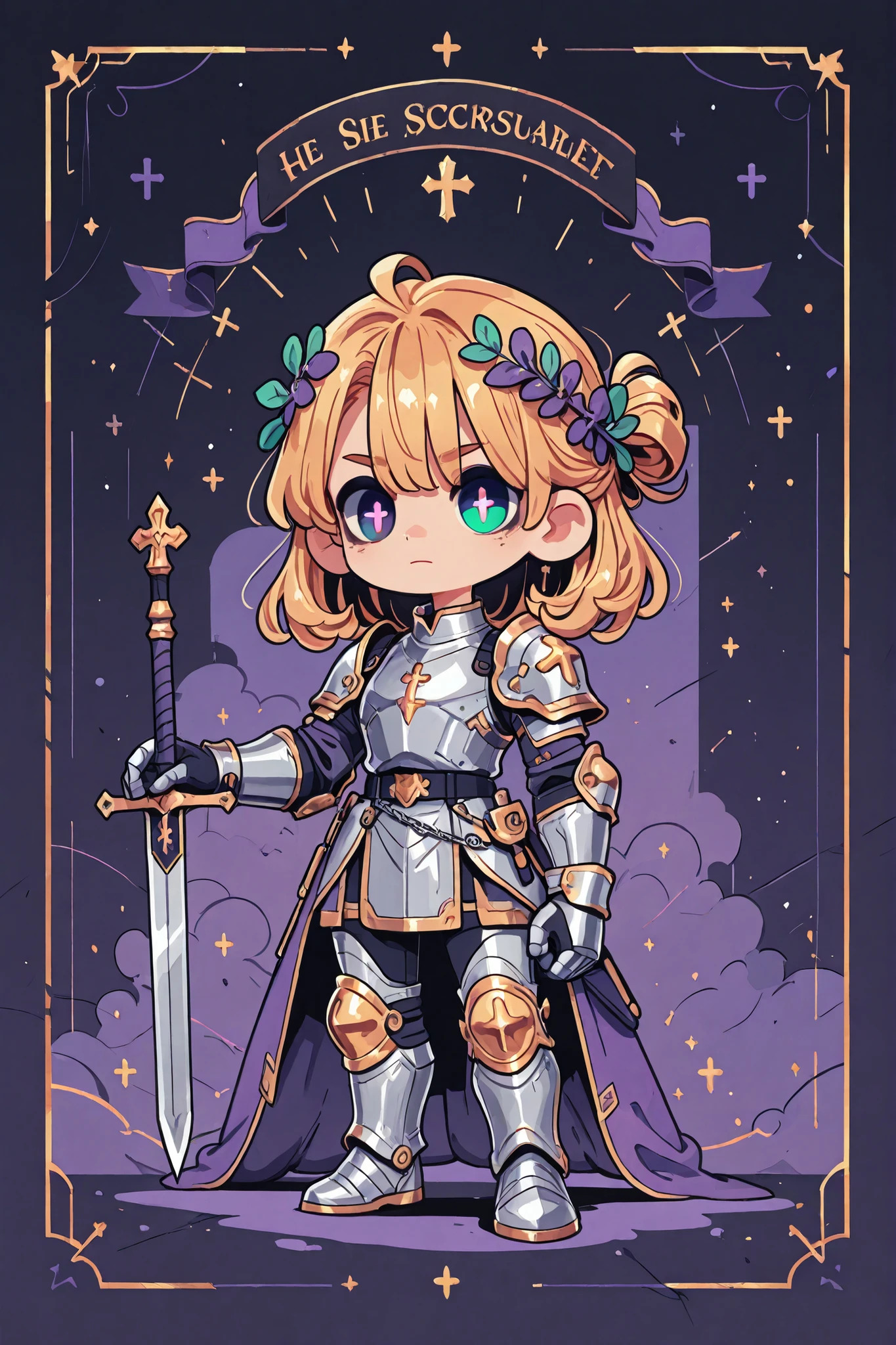 (novuschroma15 style,)(Chibi) Crusader knight,middle-edged man (male character). He has tall mighty broad-shouldered body shape with masculine features. He has metallic gold skintone. He has green glowing eyes. He has black leaking black mascara under his eyes.He has wavy LONG golden blond hairstyle floating in the air. He wears a scarlet thorned wreath on his head, as like Jesus. He is clad in silver knight armor:plastron, irregular shoulder pads with crosses, elbow pads, bracers, greaves, knee pads,armored boots. He wearing a scarlet tunic with a silver chain mail shirt. He has a sword. (On the background:war battlefield where are scarlet ensign with coat of arms a silver crosses. Frame with text written in Latin:"one sin and a thousand good deeds")