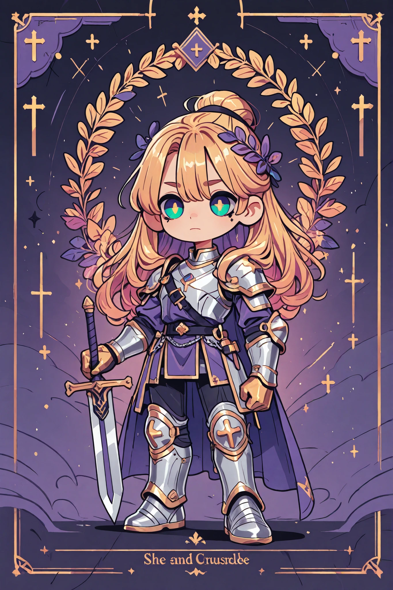 (novuschroma15 style,)(Chibi) Crusader knight,middle-edged man (male character). He has tall mighty broad-shouldered body shape with masculine features. He has metallic gold skintone. He has green glowing eyes. He has black leaking black mascara under his eyes.He has wavy LONG golden blond hairstyle floating in the air. He wears a scarlet thorned wreath on his head, as like Jesus. He is clad in silver knight armor:plastron, irregular shoulder pads with crosses, elbow pads, bracers, greaves, knee pads,armored boots. He wearing a scarlet tunic with a silver chain mail shirt. He has a sword. (On the background:war battlefield where are scarlet ensign with coat of arms a silver crosses. Frame with text written in Latin:"one sin and a thousand good deeds")