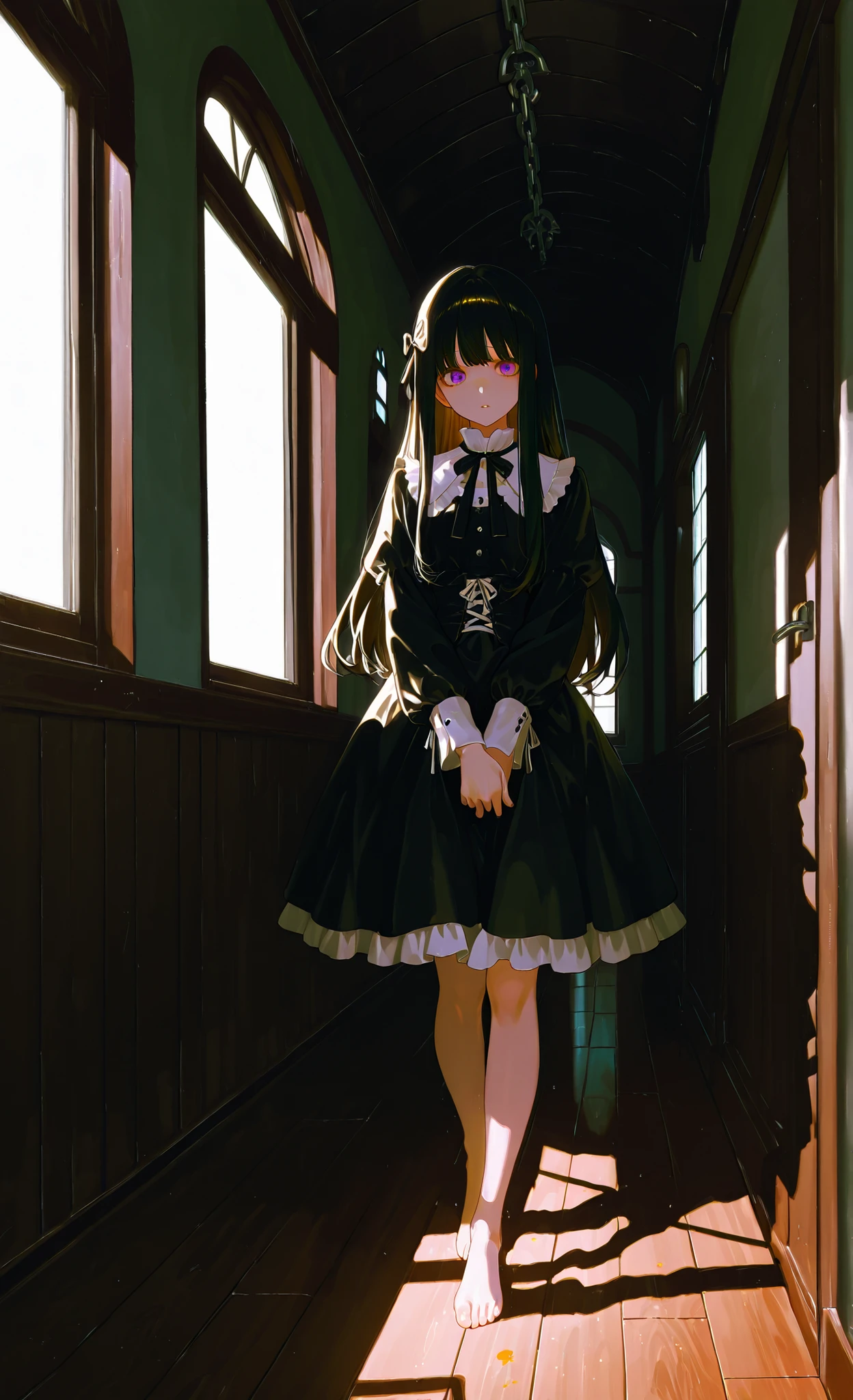 Highest Quality、masterpiece、8K High Resolution、1 girl、WHITE CHAIN、moonlight、 dark hallway、Barefoot、standing in the teacher's house、backlight、silhouette、long hair、Light from the Window、Pale Light、shadow、fantastic atmosphere、Silence、Creepy、Mysterious、night、Old Building、wooden floor、Cold Light、contrast、Lonely、Dramatic Lighting、Tension、gothic、mysterious、A floor painted down to the smallest detail、Wall Textures、光とshadowの遊び、 soft outline 、Horror Taste、現実的なshadowの表現、dim space、Clear skin、Delicate Expression、pensive appearance