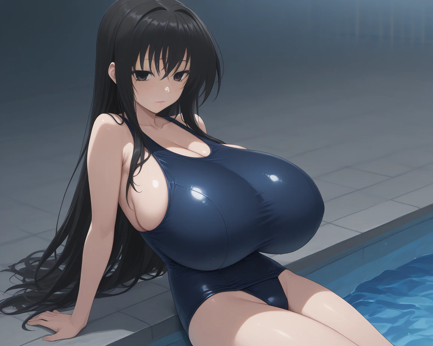 Hime cut with long black hair、Has straight bangs and blue eyes、Girls with very large breasts。Wearing a school swimsuit。rather large udder。Unbelievably large breasts。In the pool