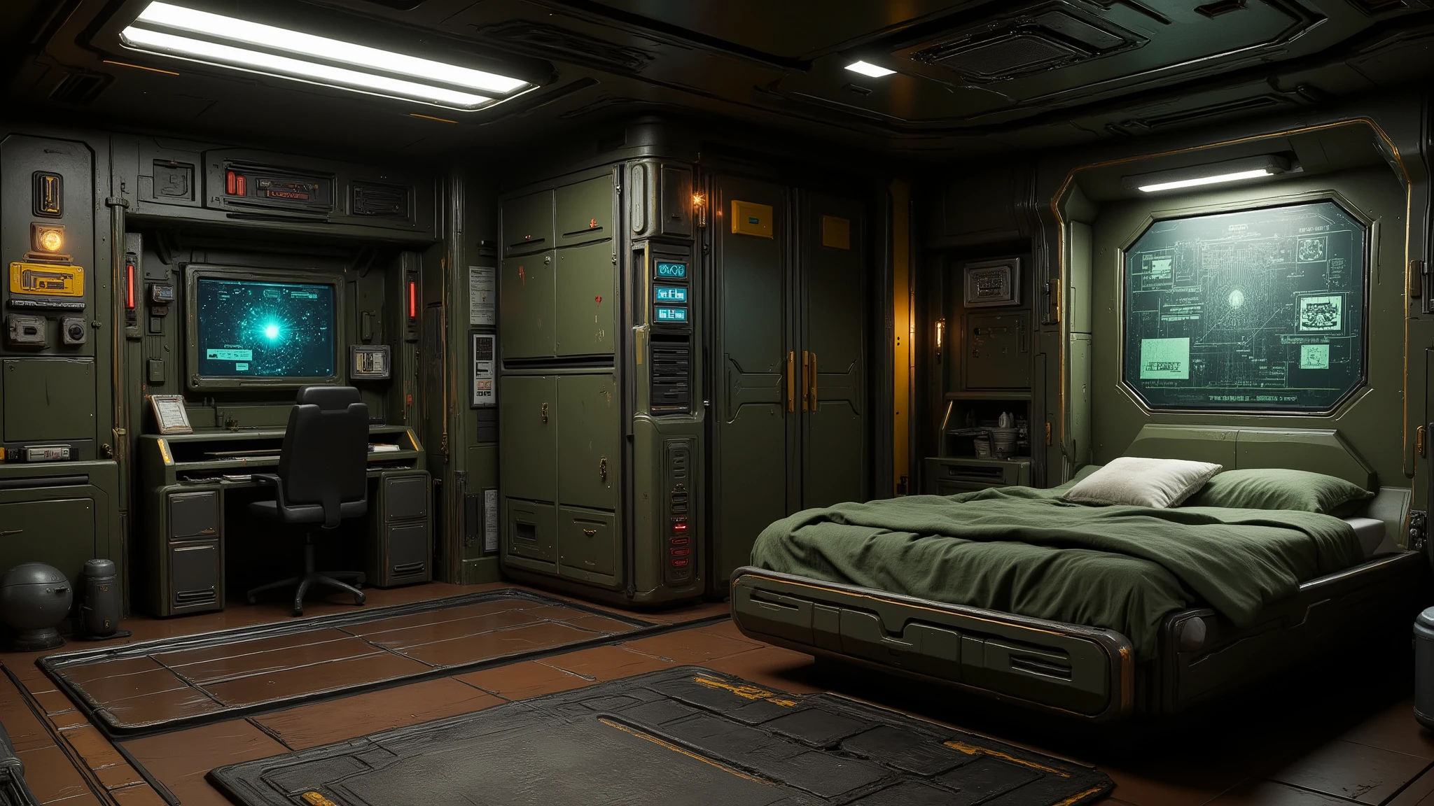 ((Best quality)), ((masterpiece)): Create battle barge quarter from Space Marines 2, it's a quarter with plain style, have a one bed room and desk, holographic table in the middle of the room, Military style wardrobe built into the corner wall of the room
