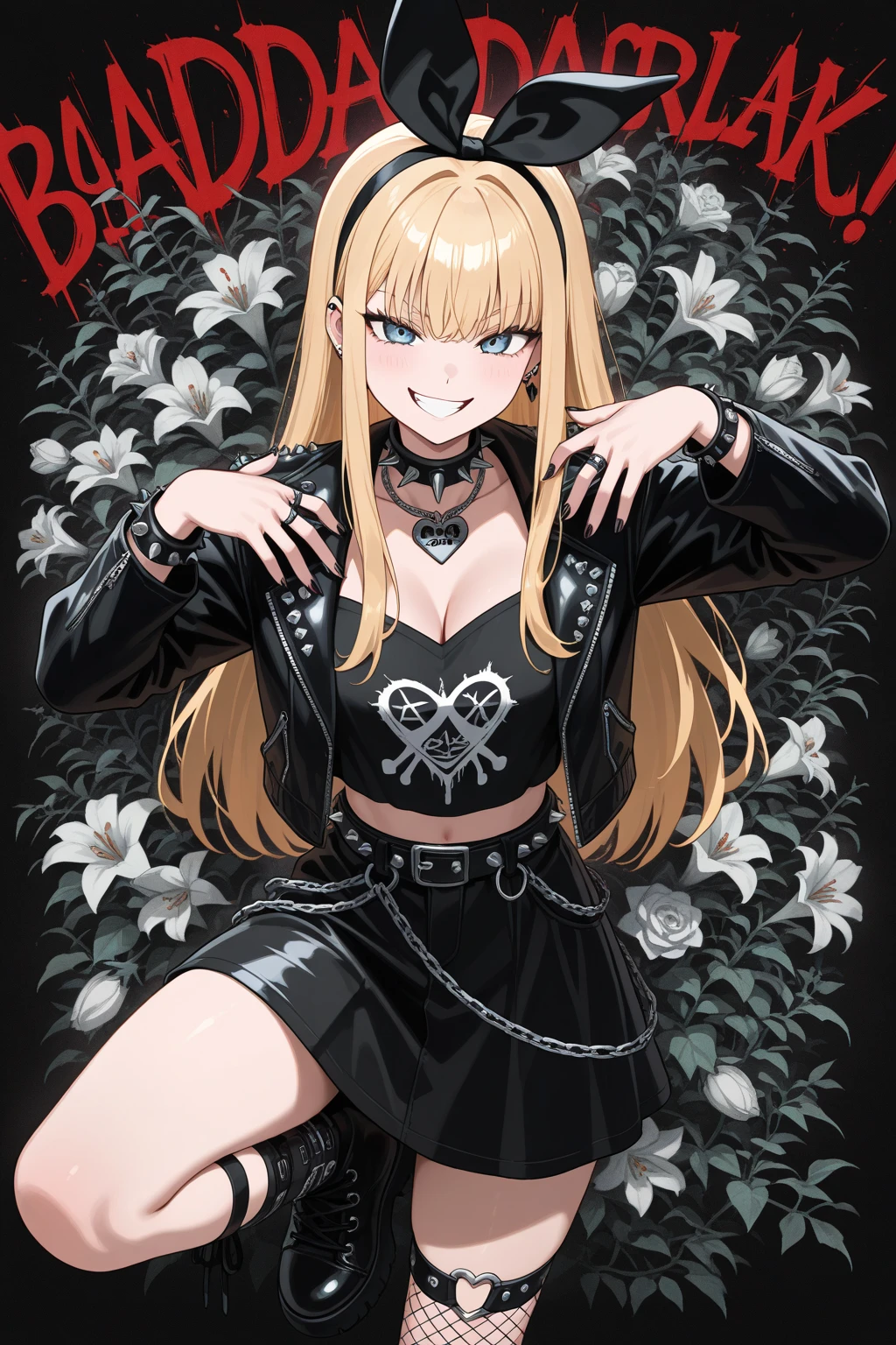 masterpiece, best quality, 1girl, solo, eyelashes, (beautiful eyes),    <lora:PunkFlonneCitronOC_IXL:1.0>,   zzFlonneCitron, red eyes, blonde hair, long hair, pointy ears, black leather jacket, ripped fishnet tights, plaid skirt, heavy eyeliner, punk boots, graffiti-covered alley, neon lights, microphone, electric guitar, rebellious smirk, confident stance â Under the flickering neon glow, zzFlonneCitron grips the microphone, her voice cutting through the roar of the underground punk scene. A studded leather jacket hangs off her shoulders, her plaid skirt sways as she leans into the music, and her ripped fishnet tights reveal hints of . Behind her, a wall of graffiti adds to the chaotic energy, spray-painted slogans of rebellion blending into the electric atmosphere of the night.