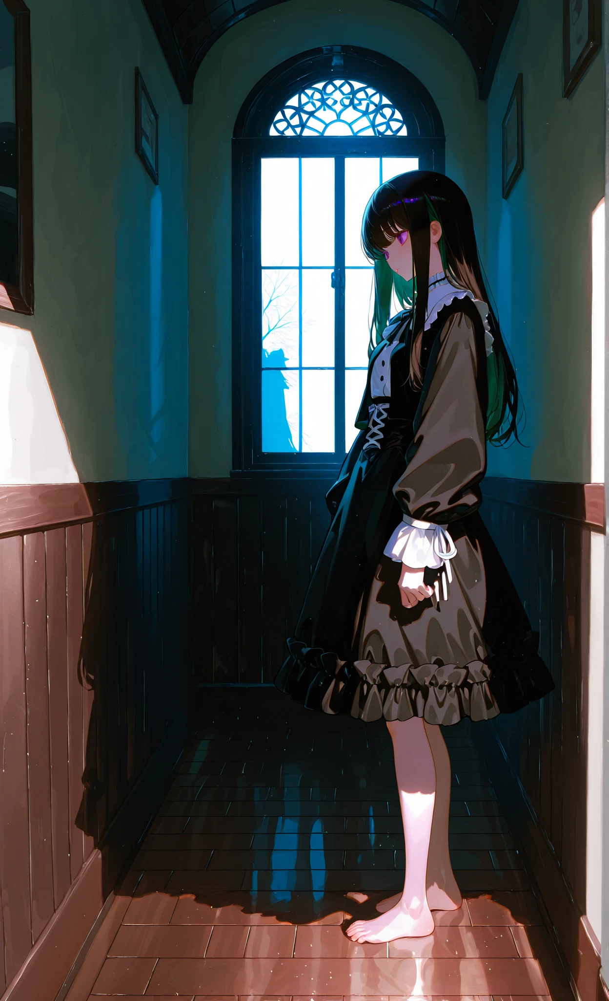 Highest Quality、masterpiece、8K High Resolution、1 girl、WHITE CHAIN、moonlight、 dark hallway、Barefoot、standing in the teacher's house、backlight、silhouette、long hair、Light from the Window、Pale Light、shadow、fantastic atmosphere、Silence、Creepy、Mysterious、night、Old Building、wooden floor、Cold Light、contrast、Lonely、Dramatic Lighting、Tension、gothic、mysterious、A floor painted down to the smallest detail、Wall Textures、光とshadowの遊び、 soft outline 、Horror Taste、現実的なshadowの表現、dim space、Clear skin、Delicate Expression、pensive appearance