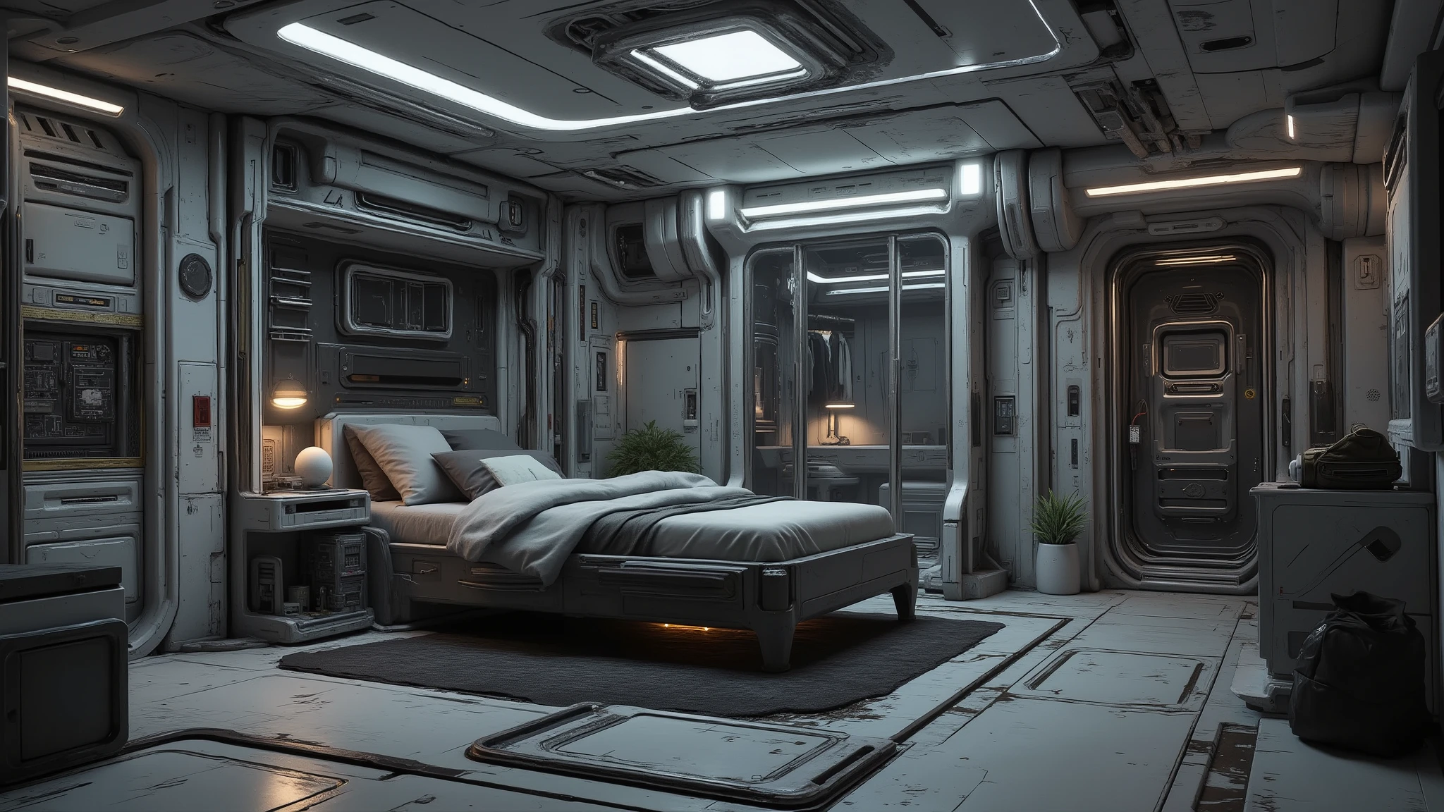 ((Best quality)), ((masterpiece)): Create fortress-monastery bedchamer from Space Marines 2, it's a quarter with plain white, grey, and plain black style, have a one bed room and desk, holographic table in the middle of the room, Military style wardrobe built into the corner wall of the room