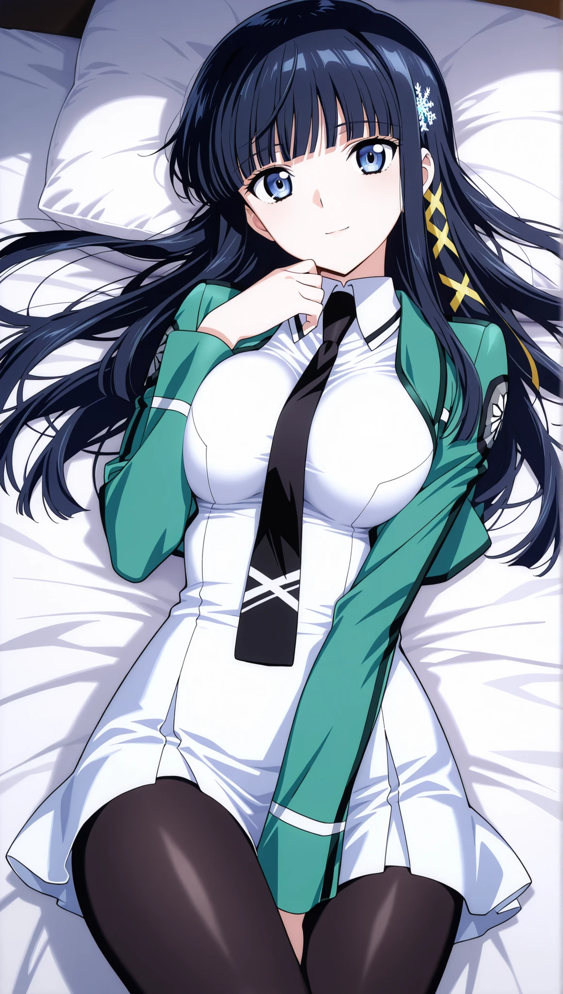 [[miyuki250219]],1lady, beauty, glossy lips,Rouge,detail eyes,dynamic angle,(on back),on bed,

shiba miyuki, black hair,long hair, blunt bangs, eyebrows visible through hair, blue eyes, snowflake hair ornament, yellow x hair ornament,mahouka school uniform, cropped jacket, green jacket, long sleeves, (white dress, mini dress), mermaid dress, black necktie,(large breasts:0.8),light smile,black pantyhose,

upper body,hand between legs(,breast squish),

 score_9,score_8_up ,score_7_up ,score_6_up ,score_5_up ,score_4_up ,(source_anime), clip skip:2,(masterpiece:1.3), (extremely detailed CG,masterpiece, highres icon,absurdres,4K),
