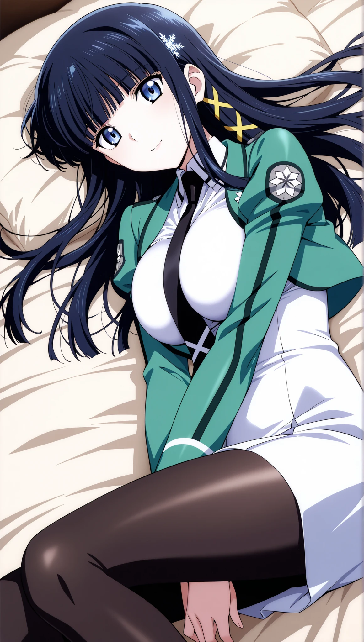 [[miyuki250219]],1lady, beauty, glossy lips,Rouge,detail eyes,dynamic angle,(on back),on bed,

shiba miyuki, black hair,long hair, blunt bangs, eyebrows visible through hair, blue eyes, snowflake hair ornament, yellow x hair ornament,mahouka school uniform, cropped jacket, green jacket, long sleeves, (white dress, mini dress), mermaid dress, black necktie,(large breasts:0.8),light smile,black pantyhose,

upper body,hand between legs(,breast squish),

 score_9,score_8_up ,score_7_up ,score_6_up ,score_5_up ,score_4_up ,(source_anime), clip skip:2,(masterpiece:1.3), (extremely detailed CG,masterpiece, highres icon,absurdres,4K),
