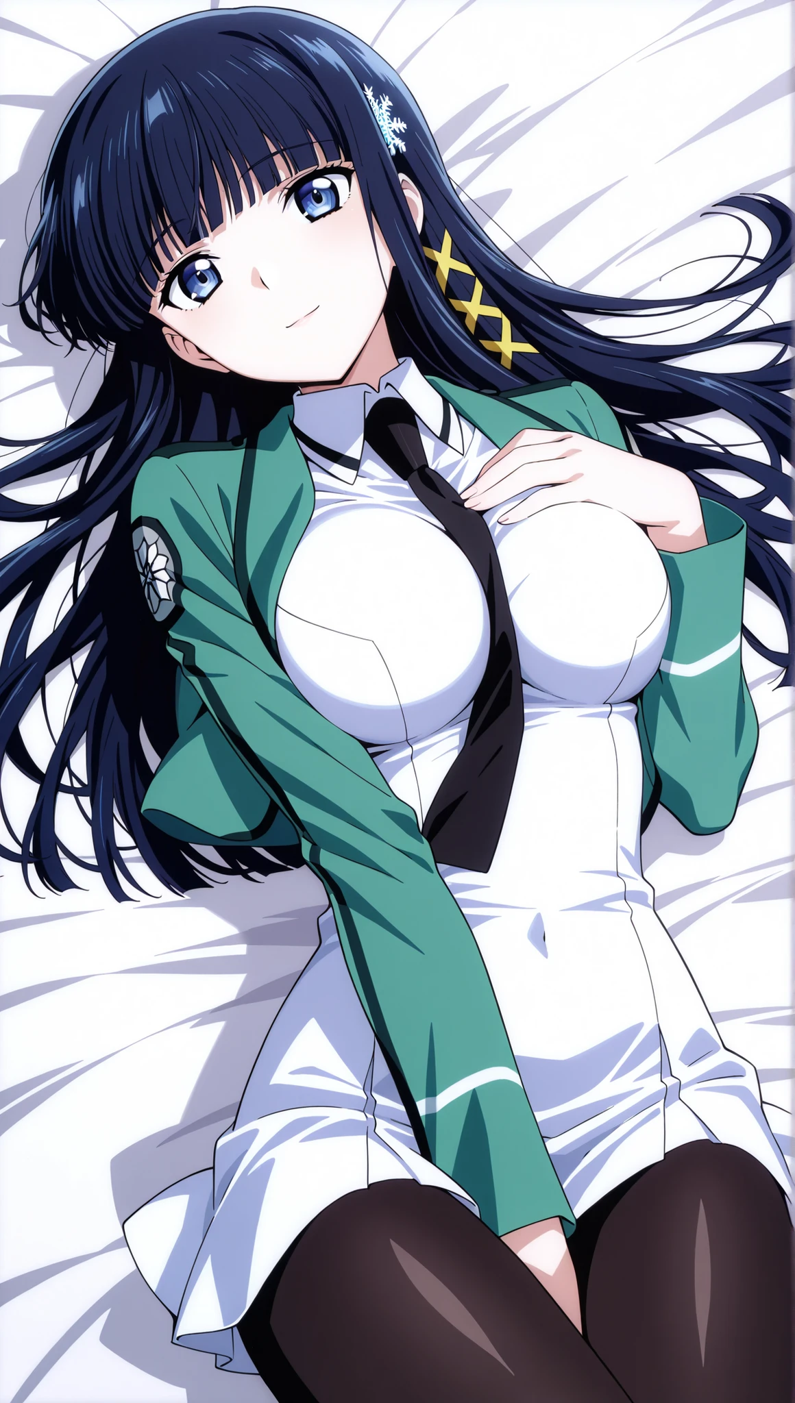 [[miyuki250219]],1lady, beauty, glossy lips,Rouge,detail eyes,dynamic angle,(on back),on bed,

shiba miyuki, black hair,long hair, blunt bangs, eyebrows visible through hair, blue eyes, snowflake hair ornament, yellow x hair ornament,mahouka school uniform, cropped jacket, green jacket, long sleeves, (white dress, mini dress), mermaid dress, black necktie,(large breasts:0.8),light smile,black pantyhose,

upper body,hand between legs(,breast squish),

 score_9,score_8_up ,score_7_up ,score_6_up ,score_5_up ,score_4_up ,(source_anime), clip skip:2,(masterpiece:1.3), (extremely detailed CG,masterpiece, highres icon,absurdres,4K),
