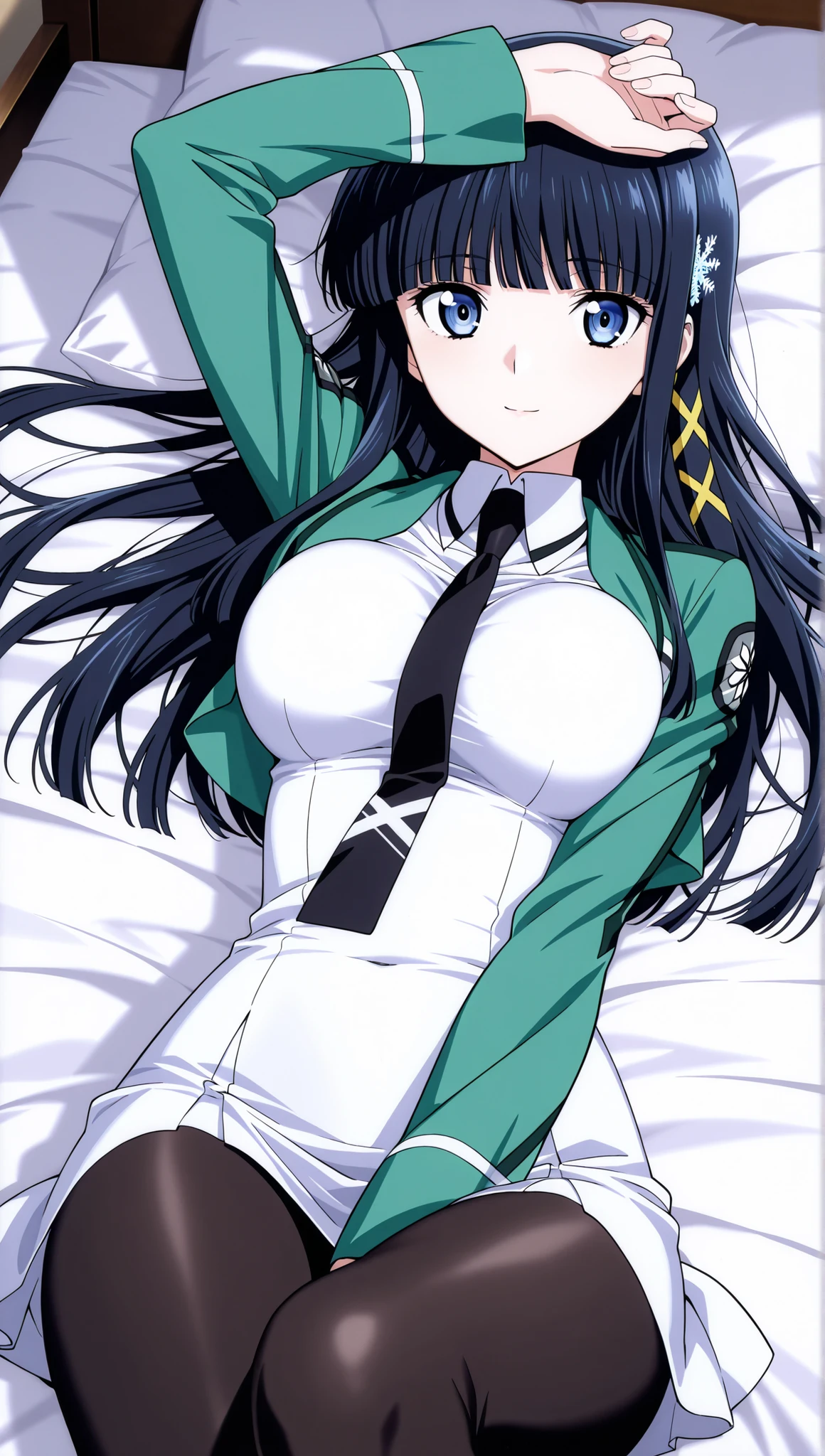 [[miyuki250219]],1lady, beauty, glossy lips,Rouge,detail eyes,dynamic angle,(on back),on bed,

shiba miyuki, black hair,long hair, blunt bangs, eyebrows visible through hair, blue eyes, snowflake hair ornament, yellow x hair ornament,mahouka school uniform, cropped jacket, green jacket, long sleeves, (white dress, mini dress), mermaid dress, black necktie,(large breasts:0.8),light smile,black pantyhose,

upper body,hand between legs(,breast squish),

 score_9,score_8_up ,score_7_up ,score_6_up ,score_5_up ,score_4_up ,(source_anime), clip skip:2,(masterpiece:1.3), (extremely detailed CG,masterpiece, highres icon,absurdres,4K),
