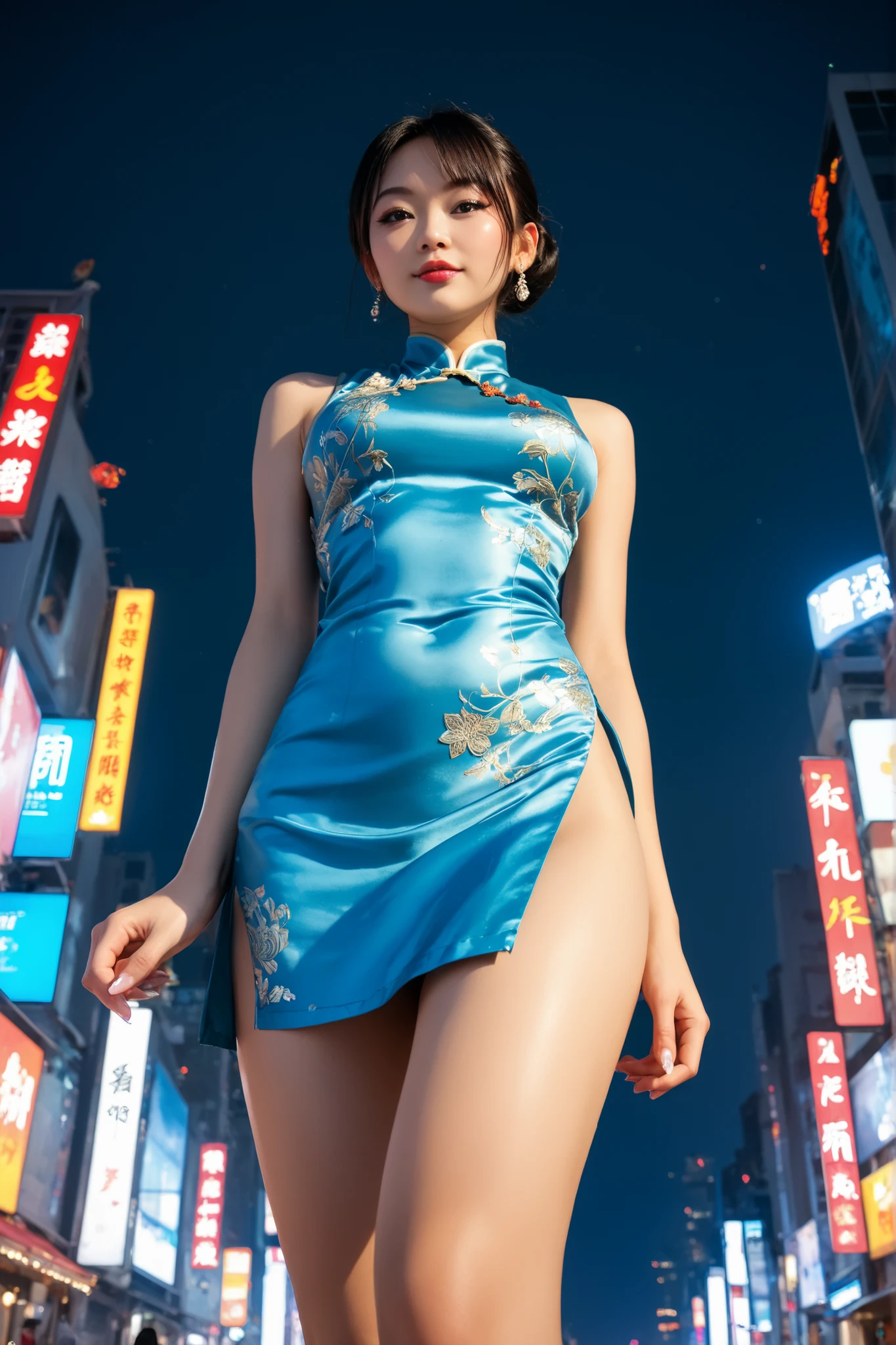 A confident woman in a shiny, transparent gray Chinese dress walks through the city. Low angle shot.