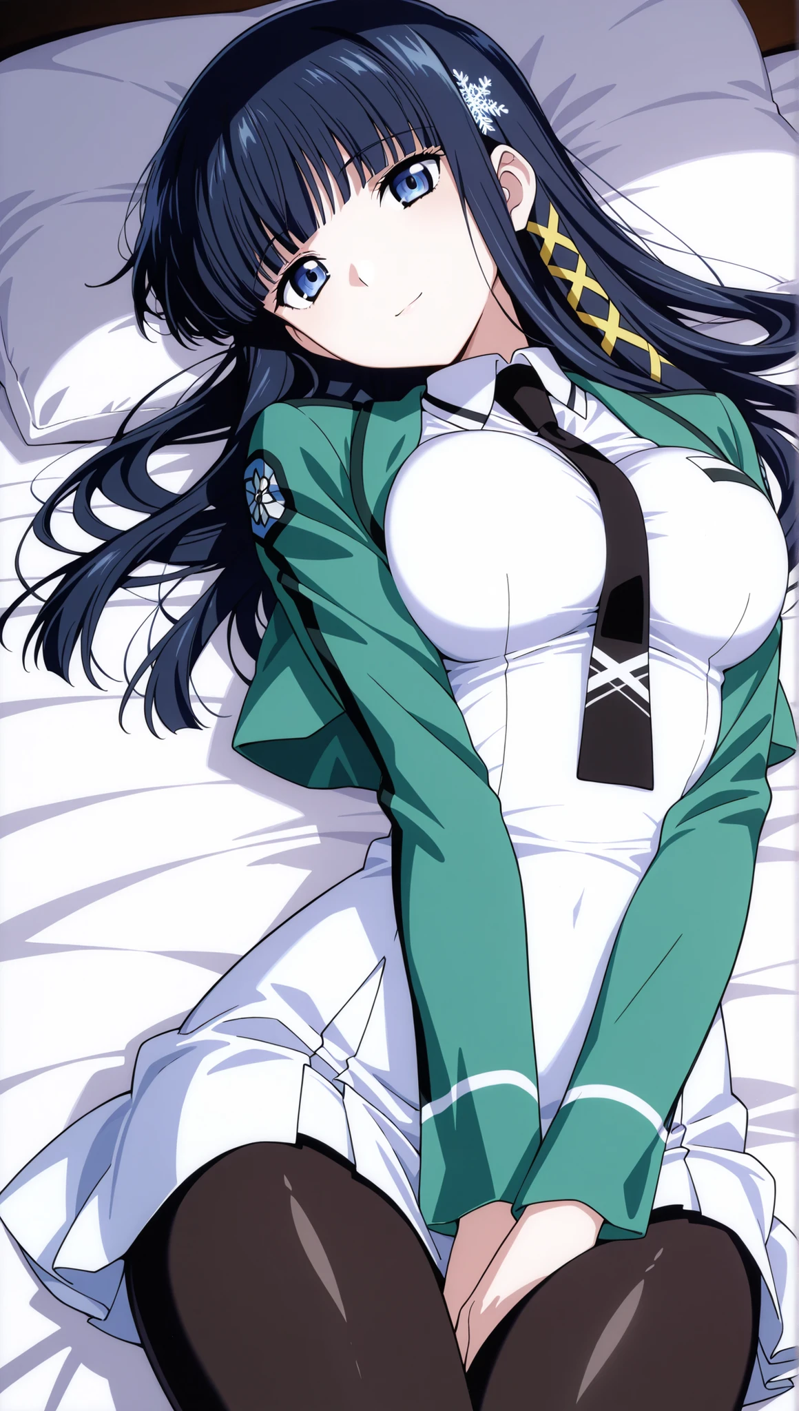 [[miyuki250219]],1lady, beauty, glossy lips,Rouge,detail eyes,dynamic angle,(on back),on bed,young female,

shiba miyuki, black hair,long hair, blunt bangs, eyebrows visible through hair, blue eyes, snowflake hair ornament, yellow x hair ornament,mahouka school uniform, cropped jacket, green jacket, long sleeves, (white dress, mini dress), mermaid dress, black necktie,(large breasts:0.8),light smile,black pantyhose,

upper body,hand between legs(,breast squish),

 score_9,score_8_up ,score_7_up ,score_6_up ,score_5_up ,score_4_up ,(source_anime), clip skip:2,(masterpiece:1.3), (extremely detailed CG,masterpiece, highres icon,absurdres,4K),
