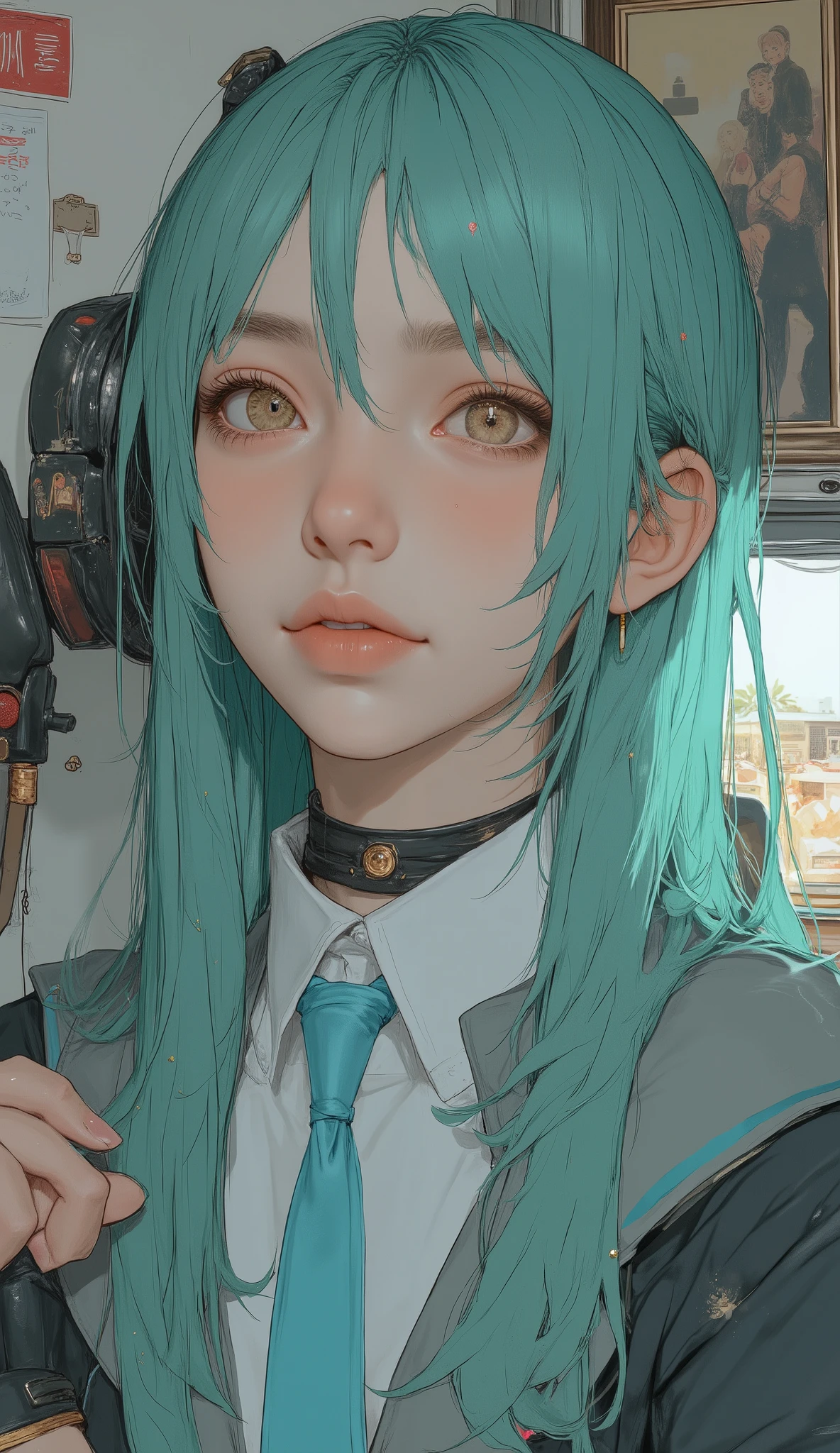 There is a woman with long green hair and a blue tie, Hatsune Miku cosplay, Hatsune Miku, portrait of Hatsune Miku, miku, Mikudayo, Hatsune Miku portrait, anime girl cosplay, Hatsune Miku in warhammer 40k, Hatsune Miku short hair, vocaloid, Hatsune Miku face, anime cosplay, cosplay, cosplay photo