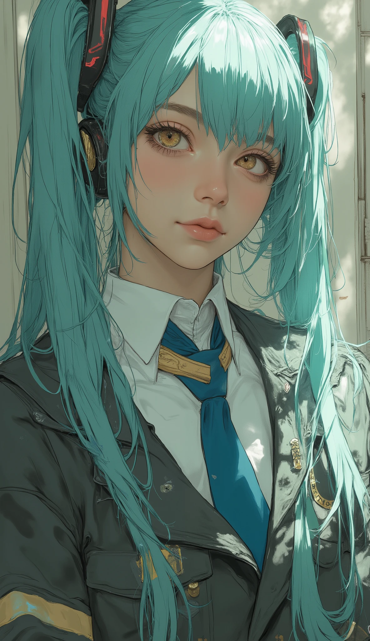 There is a woman with long green hair and a blue tie, Hatsune Miku cosplay, Hatsune Miku, portrait of Hatsune Miku, miku, Mikudayo, Hatsune Miku portrait, anime girl cosplay, Hatsune Miku in warhammer 40k, Hatsune Miku short hair, vocaloid, Hatsune Miku face, anime cosplay, cosplay, cosplay photo