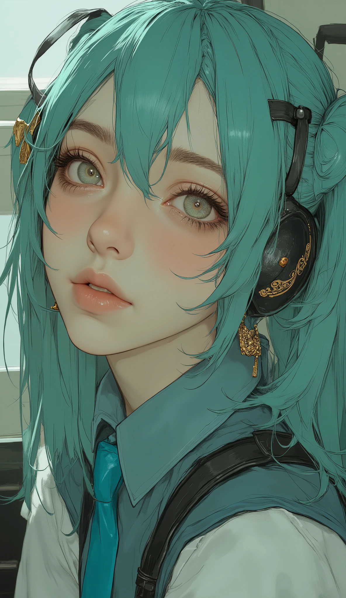 There is a woman with long green hair and a blue tie, Hatsune Miku cosplay, Hatsune Miku, portrait of Hatsune Miku, miku, Mikudayo, Hatsune Miku portrait, anime girl cosplay, Hatsune Miku in warhammer 40k, Hatsune Miku short hair, vocaloid, Hatsune Miku face, anime cosplay, cosplay, cosplay photo