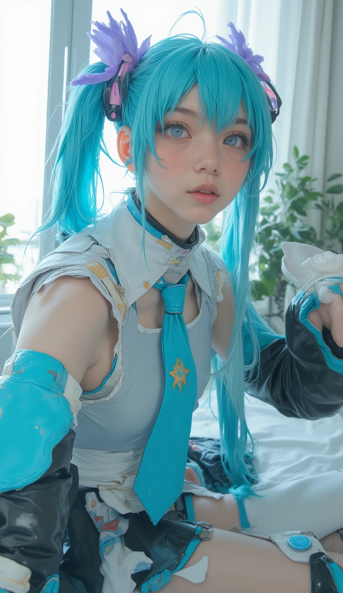 the costume is a striking combination of cool colors, there's a signature prop. The costume、there's soft natural light streaming in through a window, wearing blue and black gloves。,、the bold colors of her pigtails、which highlights her bright turquoise hair and eyes {X} a predominantly light gray bodice, such as the tie and hem、accented with vibrant blue details. The costume has a 、captures moments of animated eXpression unique to cosplay photos, 。captures moments of animated expression unique to cosplay photos。and an eye-catching purple hair accessory. That person 、The image is、shows a person wearing a hat dressed as Hatsune Miku、I'm holding Negi, a white background,. The setting captures、which matches the overall color scheme, there's soft natural light streaming in through a window, The character has soft lighting,、which highlights the bold colors of the costume. the overall atmosphere is vibrant and playful, an elaborate cosplay costume similar to、cropped to elbow length.