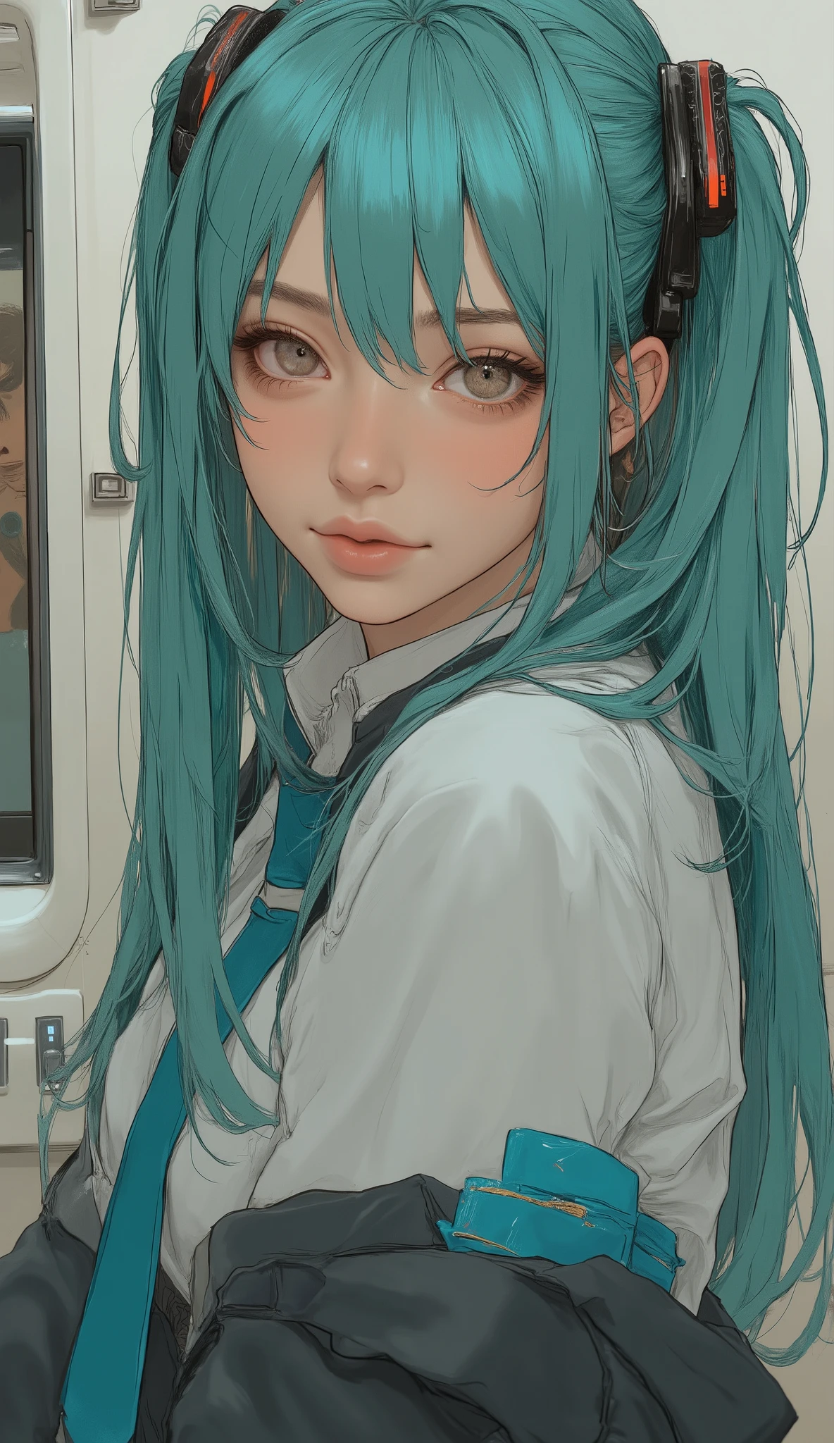 There is a woman with long green hair and a blue tie, Hatsune Miku cosplay, Hatsune Miku, portrait of Hatsune Miku, miku, Mikudayo, Hatsune Miku portrait, anime girl cosplay, Hatsune Miku in warhammer 40k, Hatsune Miku short hair, vocaloid, Hatsune Miku face, anime cosplay, cosplay, cosplay photo
