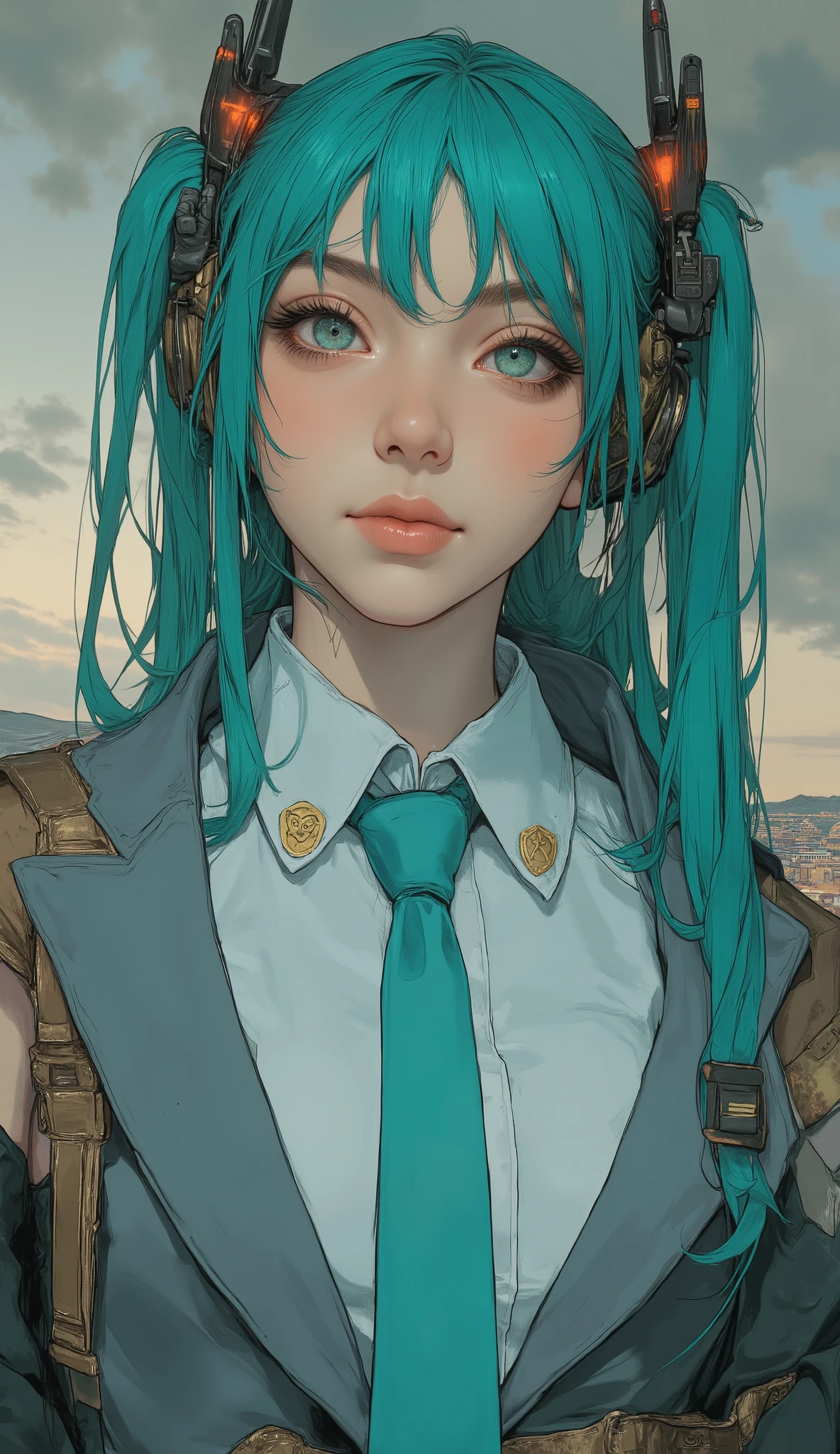 There is a woman with long green hair and a blue tie, Hatsune Miku cosplay, Hatsune Miku, portrait of Hatsune Miku, miku, Mikudayo, Hatsune Miku portrait, anime girl cosplay, Hatsune Miku in warhammer 40k, Hatsune Miku short hair, vocaloid, Hatsune Miku face, anime cosplay, cosplay, cosplay photo