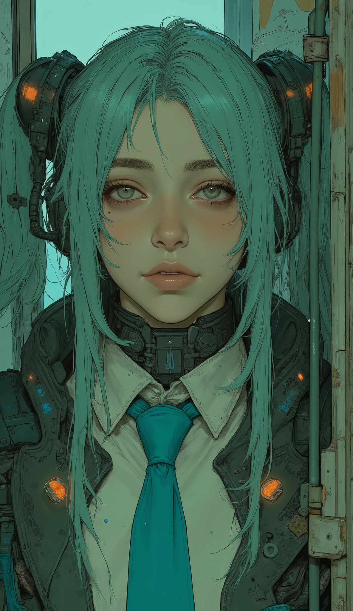 There is a woman with long green hair and a blue tie, Hatsune Miku cosplay, Hatsune Miku, portrait of Hatsune Miku, miku, Mikudayo, Hatsune Miku portrait, anime girl cosplay, Hatsune Miku in warhammer 40k, Hatsune Miku short hair, vocaloid, Hatsune Miku face, anime cosplay, cosplay, cosplay photo、Lonely、💔