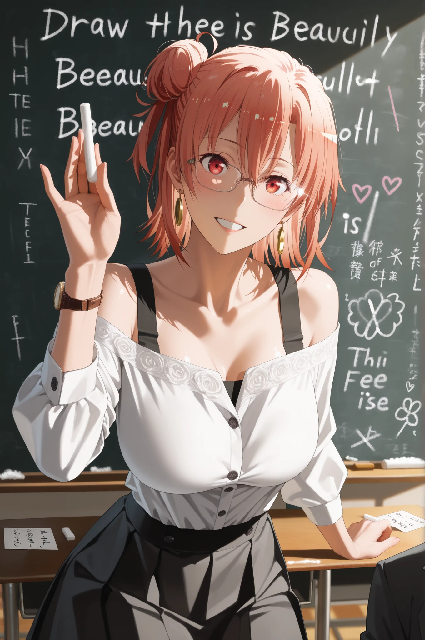 Perfect Details, An arm resting on the blackboard in front of the pulpit, PROFESSIONAL,reality、realistic with a full body crouching、photorealityistic、Maorix、 A delicate glow around them脚、 Give a lecture 、A list of names crossing the street、 A lecture by a and captivating teacher while standing and holding it、Yuigahama Yui,pin clips、Hoop Earrings、 watch、 ( Beautiful attention to detail:1.4), (masterpiece, An gesture:1.2), (Yuigahama Yui:1.4), (cute woman:1.5), business suit、skirt、 A white outfit with off-the-shoulder buttonsYfrill shirt, (gentleman:0.7), (gentleman:1.4), (Yuigahama Yui:1.4), beautiful and delicate eyes、Delicately Reflective Eyes、Shiny Hair、dark hair、Glasses、半フレームの赤縁Glasses、(big ), ( Draws the movement of quickly writing letters with chalk on the blackboard in front of him during class:1.5), ( Fine chalk dust fluttering around them、 A delicate glow around them:1.32), ( How high is the ultra-high resolution of 、 Pointing at the chalk as if pointing at the people in the classroom)Cheerful 、Detailed