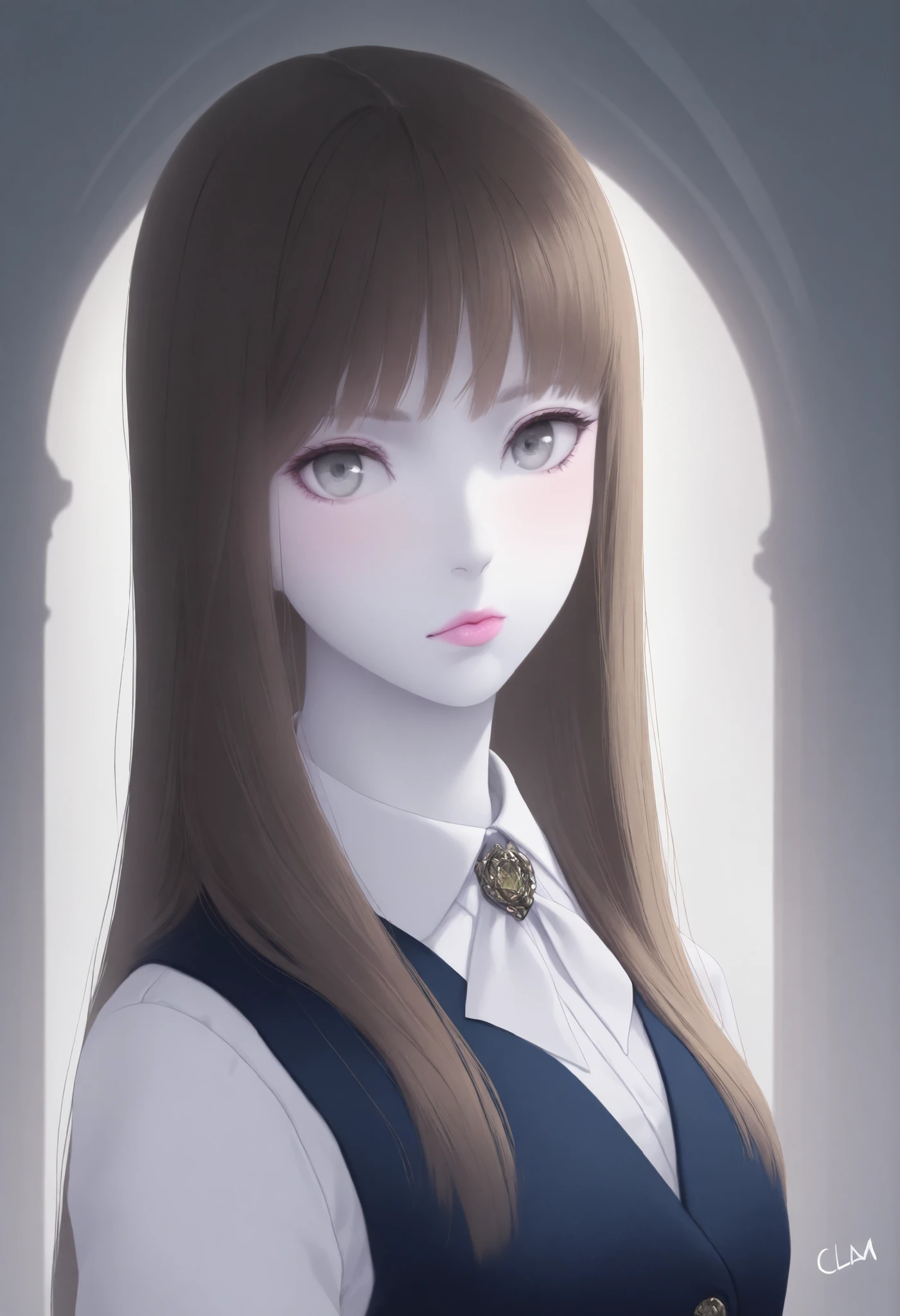 A girl, with long straight brown hair, gray eyes, calm features, white skin, light pink lip gloss, perfect, wearing an elegant formal school uniform, a masterpiece, high-quality resolution .