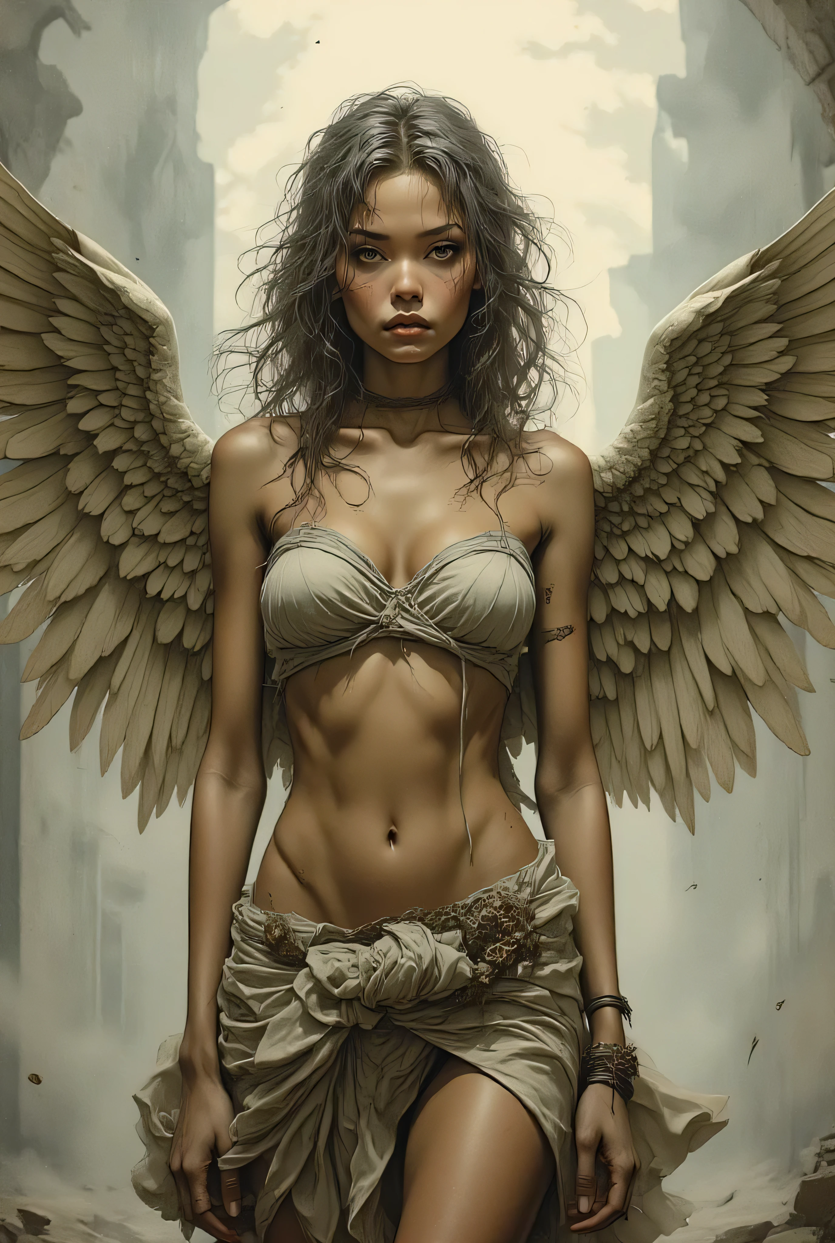 masterpiece, 8k resolution, ultra detailed, pastel color palette, beige skin surface. Create a dark and atmospheric image of a beautiful fallen angel with wet, long hair and massive lush off-white wings. Athletic body ( hard nipples ). Close-up view. She stands in a forgotten, abandoned building. Fog surrounded her. God rays on her face. Luis Royo style. Gothic style. Hyperrealism, Illustration, High Details, Textured Skin
