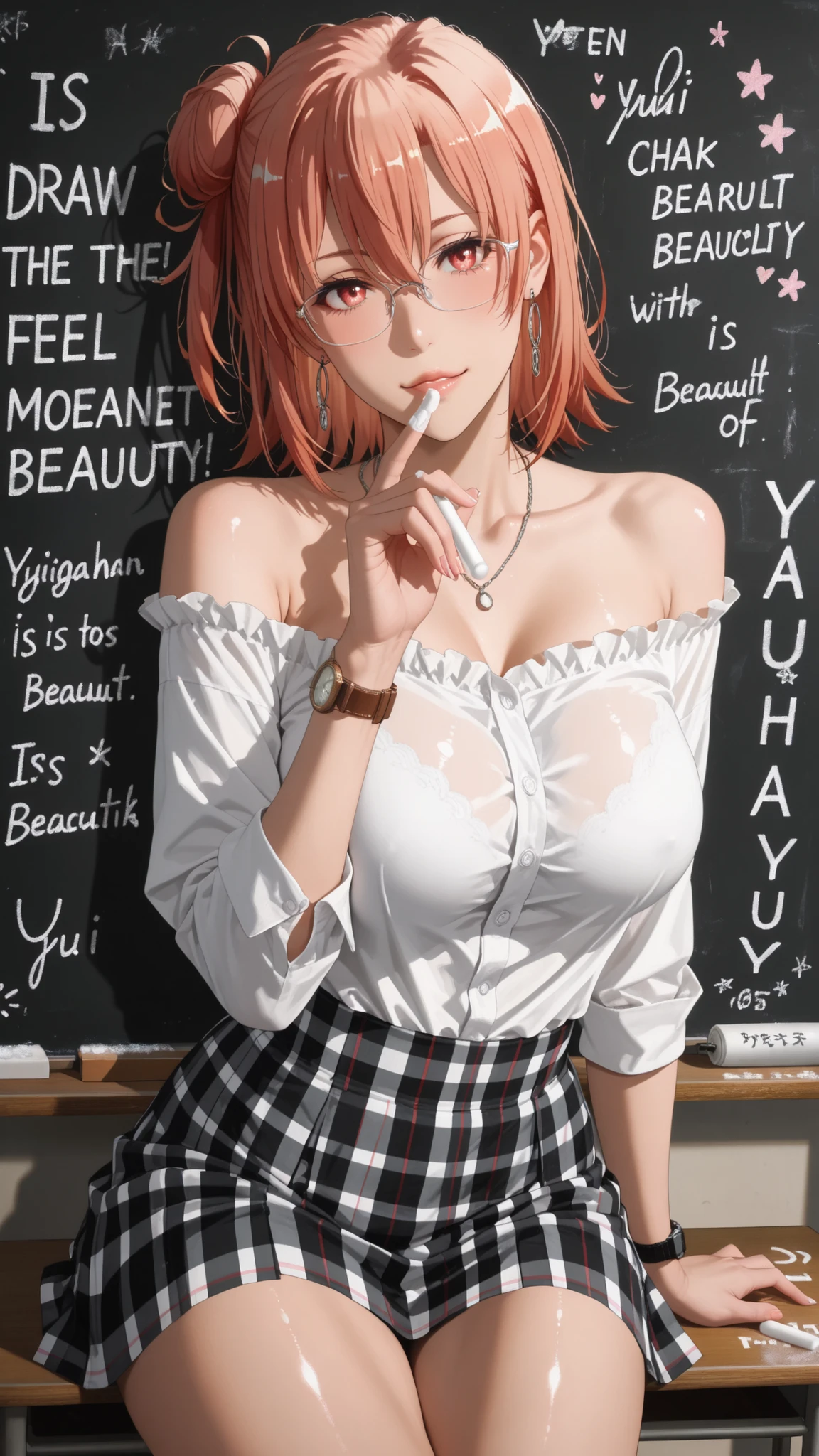 Perfect Details, An arm resting on the blackboard in front of the pulpit, PROFESSIONAL,reality、realistic with a full body crouching、photorealityistic、Maorix、 A delicate glow around them脚、 Give a lecture 、A list of names crossing the street、 A lecture by a and captivating teacher while standing and holding it、Yuigahama Yui,pin clips、Hoop Earrings、 watch、 ( Beautiful attention to detail:1.4), (masterpiece, An gesture:1.2), (Yuigahama Yui:1.4), (cute woman:1.5), business suit、skirt、 A white outfit with off-the-shoulder buttonsYfrill shirt, (gentleman:0.7), (gentleman:1.4), (Yuigahama Yui:1.4), beautiful and delicate eyes、Delicately Reflective Eyes、Shiny Hair、dark hair、Glasses、半フレームの赤縁Glasses、(big ), ( Draws the movement of quickly writing letters with chalk on the blackboard in front of him during class:1.5), ( Fine chalk dust fluttering around them、 A delicate glow around them:1.32), ( How high is the ultra-high resolution of 、 Pointing at the chalk as if pointing at the people in the classroom)Cheerful 、Detailed