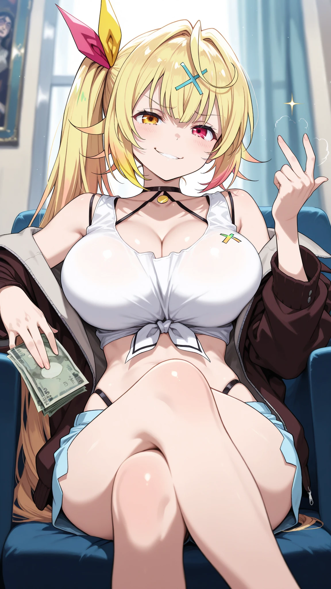 Highest Quality, masterpiece, super high resolution on a pile, girls, Hoshikawa Sarah, very slim body , big boobs, chest volley, I have money in my hands, and grinned, insulting gesture, highly detailed face in front of a Western palace, Leaning forward, Very close