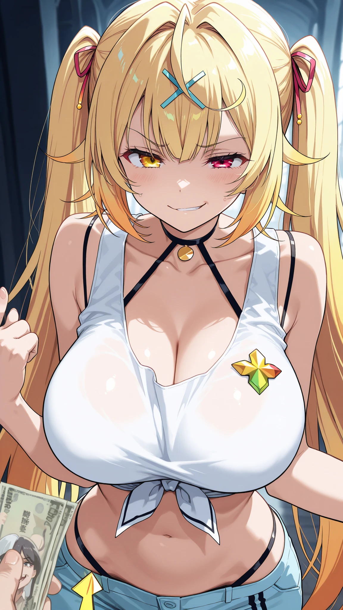 Highest Quality, masterpiece, super high resolution on a pile, girls, Hoshikawa Sarah,  very slim body , big boobs, chest volley, I have money in my hands,  and grinned, insulting gesture, highly detailed face in front of a Western palace, Leaning forward, Very close