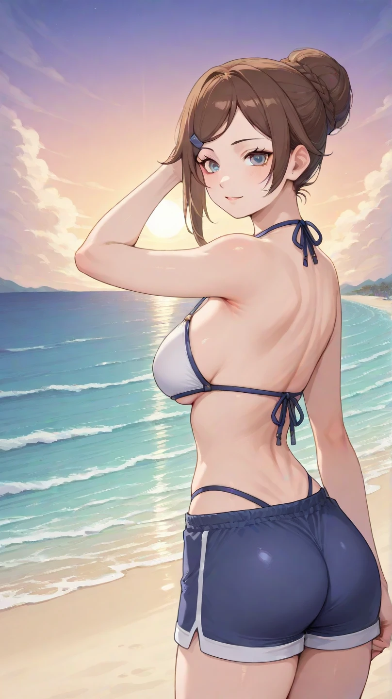 (highest quality, super detailed illustrations), realistic, 1 girl, rebecca chambers, micro  swimwear, clavicle, cleavage, choker, Are standing, cowboy shot, , slender body, long legs, shiny skin, realistic, outdoor, beach, sunlight, smile, From the side, looking at the viewer, 