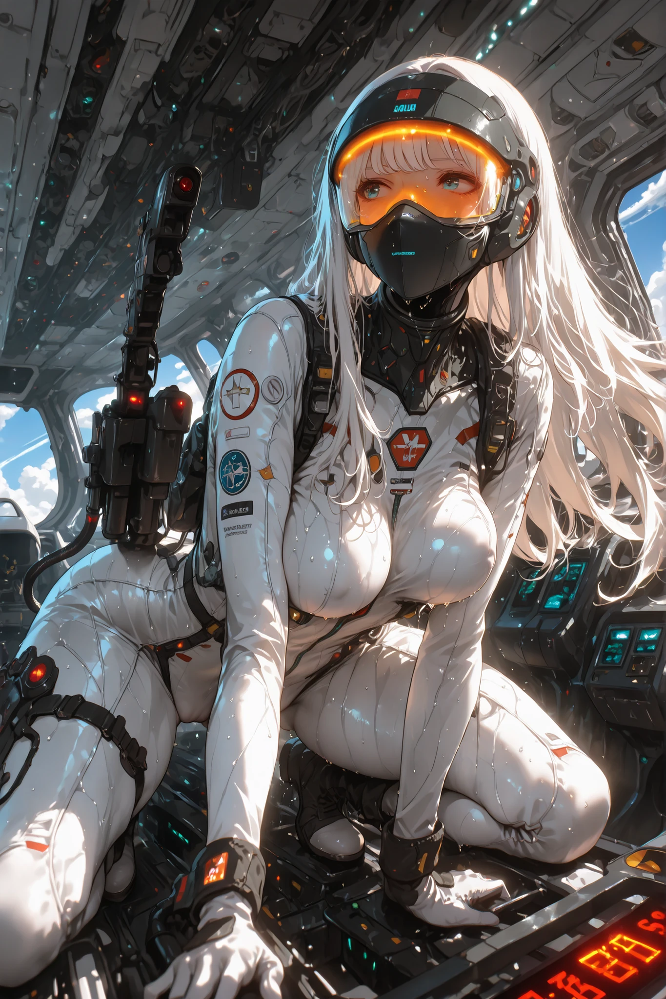masterpiece, best quality, 8k, 1girl, character, controlling a futuristic fighter jet, all fours, leaning forward, legs apart, reflections on visor helmet with hose connected mask, white pilot suit, (wind blows), glove, boots, curvy body, medium breasts, perky breasts, bouncing breasts, cameltoe, long hairstyle, thin white hair, many items, dramatic atmosphere, intricate details, vivid colors, white background, in canopy, dynamic lighting from HUD display, digital art, detailed cockpit interior, (gripping flight control stick with right hand and throttle lever with left:1.3), looking at away, sweaty, midday, cowboy shot, (sweaty:1.3),