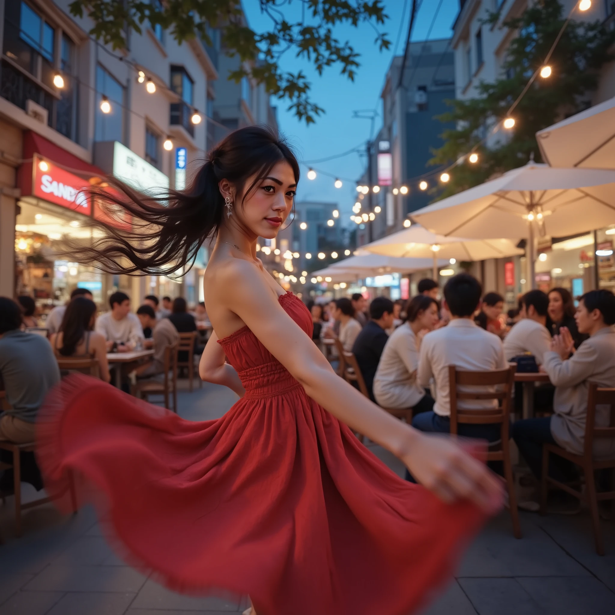 Breathtaking beauty, ultra high quality, 8k, Blue-colored pictures, photorealistic, Female dancer, at an open cafe at night, cafe staff and lots of customers:1.5, dancing Spanish dance, beautiful Japanese woman in red mini dress:1.1, long hair, detailed face, Motion Blur,