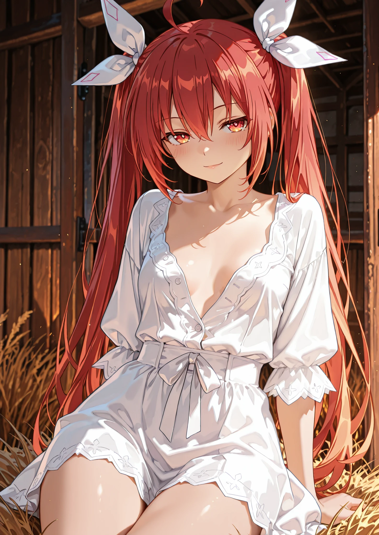 1girl, solo, itsuka kotori, date a live, short plated skirt, unbuttoned blouse, naturally sagging small breasts, sitting on hay, barn, medieval fantasy farm, seductive, sexy pose, alluring atmosphere, cinematic lighting and shadows, beautiful lighting and shadows, BREAK, masterpiece,top quality,warm color,high resolution,high fashion,absurdres extremely,vivid colors,intricate details,best quality,amazing quality,very aesthetic,newest,ultra-detailed, nsfw,