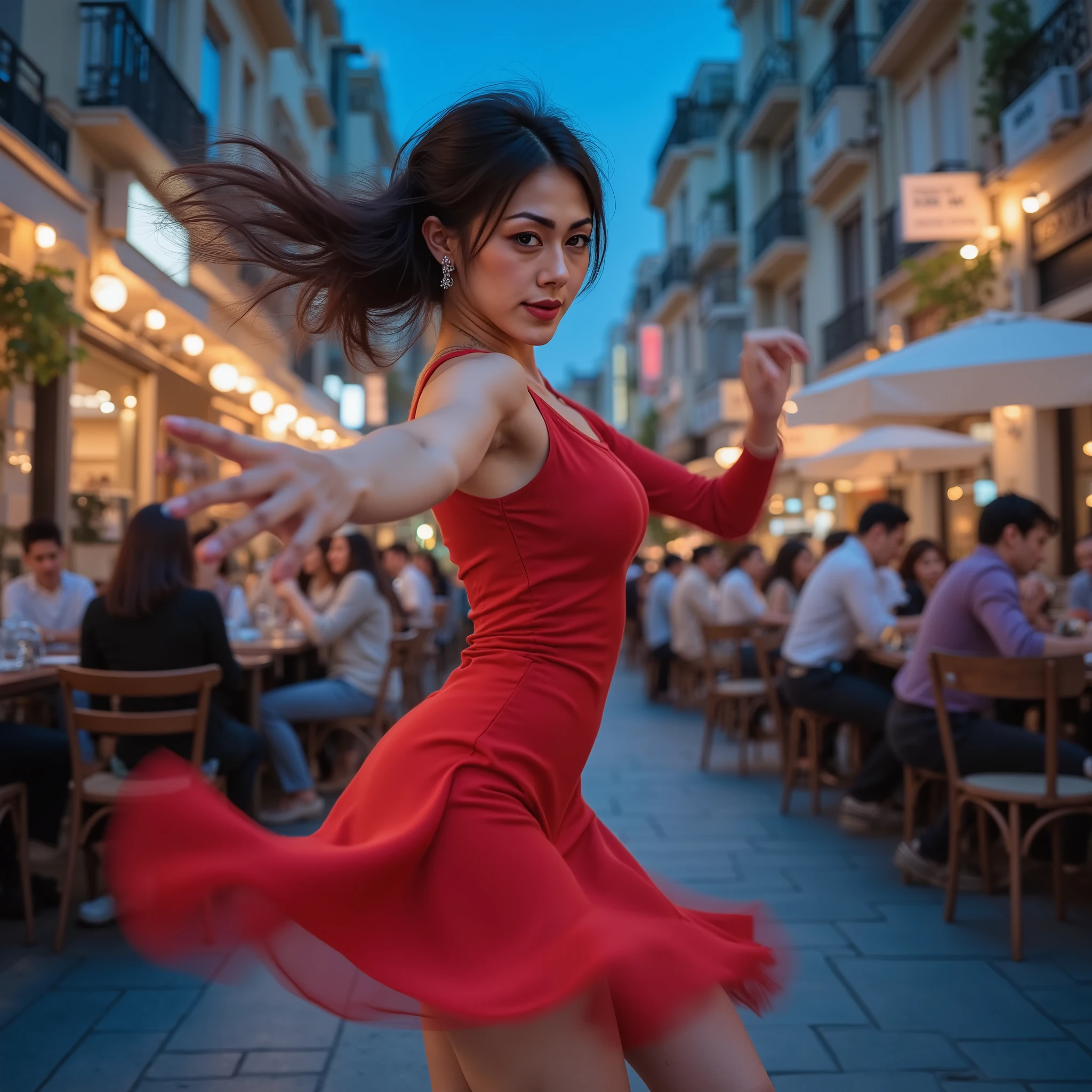 Breathtaking beauty, ultra high quality, 8k, Blue-colored pictures, photorealistic, Female dancer, at an open cafe at night, cafe staff and lots of customers:1.5, dancing Spanish dance, beautiful Japanese woman in red mini dress:1.1, long hair, detailed face, Motion Blur,
