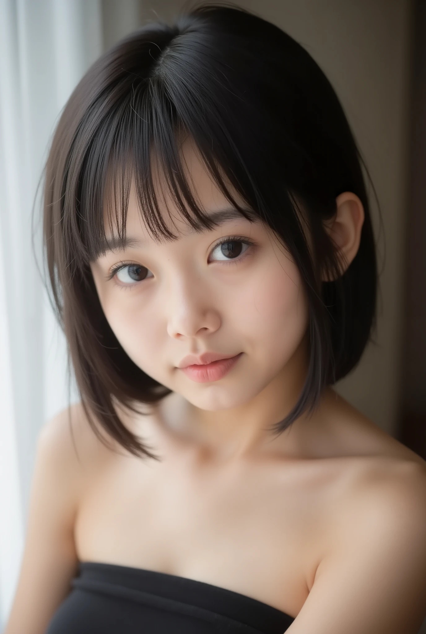 nsfw, (topless:1.7), (8k), (最高の品質), 生写真, (写真現実的:1.4), とてもかわいい2人の15歳の日本人女子のが笑いながらお互い頬を触りあっているポートレート写真, (とても痩せている), ((とても背が低い2人の女子高生が手を握っている)), メイク無し, ((美しいショートカットヘア)), 夏の砂浜でパステルのシャツの下に紺のスクール水着を着ている, 髪が風になびいている, 青空, 完璧な映画の照明, 超高解像度,