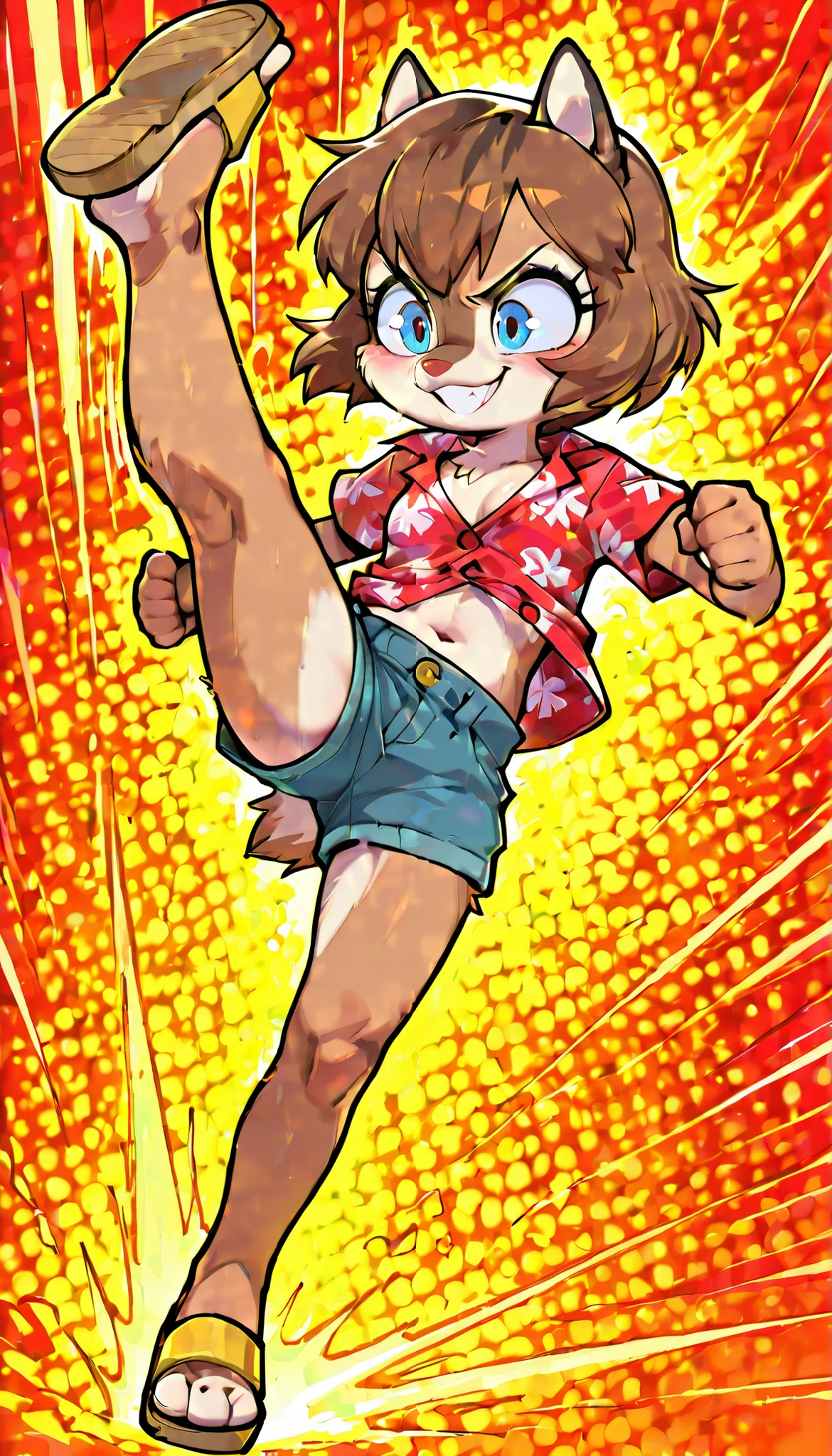 score_9, score_8_up, score_7_up, score_6_up,, hi_res, furry_source, absurdres, masterpiece, best quality, amazing quality, Chip'n Dale Rescue Rangers, 1girl, solo, alone, Femdale, furry, anthro, chipmunk girl, brown fur, blue eyes, chipmunk tail, red nose, brown hair, short hair, bangs, short body, short stature, ((red hawaiian shirt, claveage, one button fastened, denim shorts, sandals)), small breasts, navel, (very skinny:1.0), (Small, Short:1.1), (young cub:1.2), full body, feets with three toes, spread buckteeth, abstract background, fight stare, kick at viewer, kick act, kicking, angry, smile, speed lines, dynamic angle,