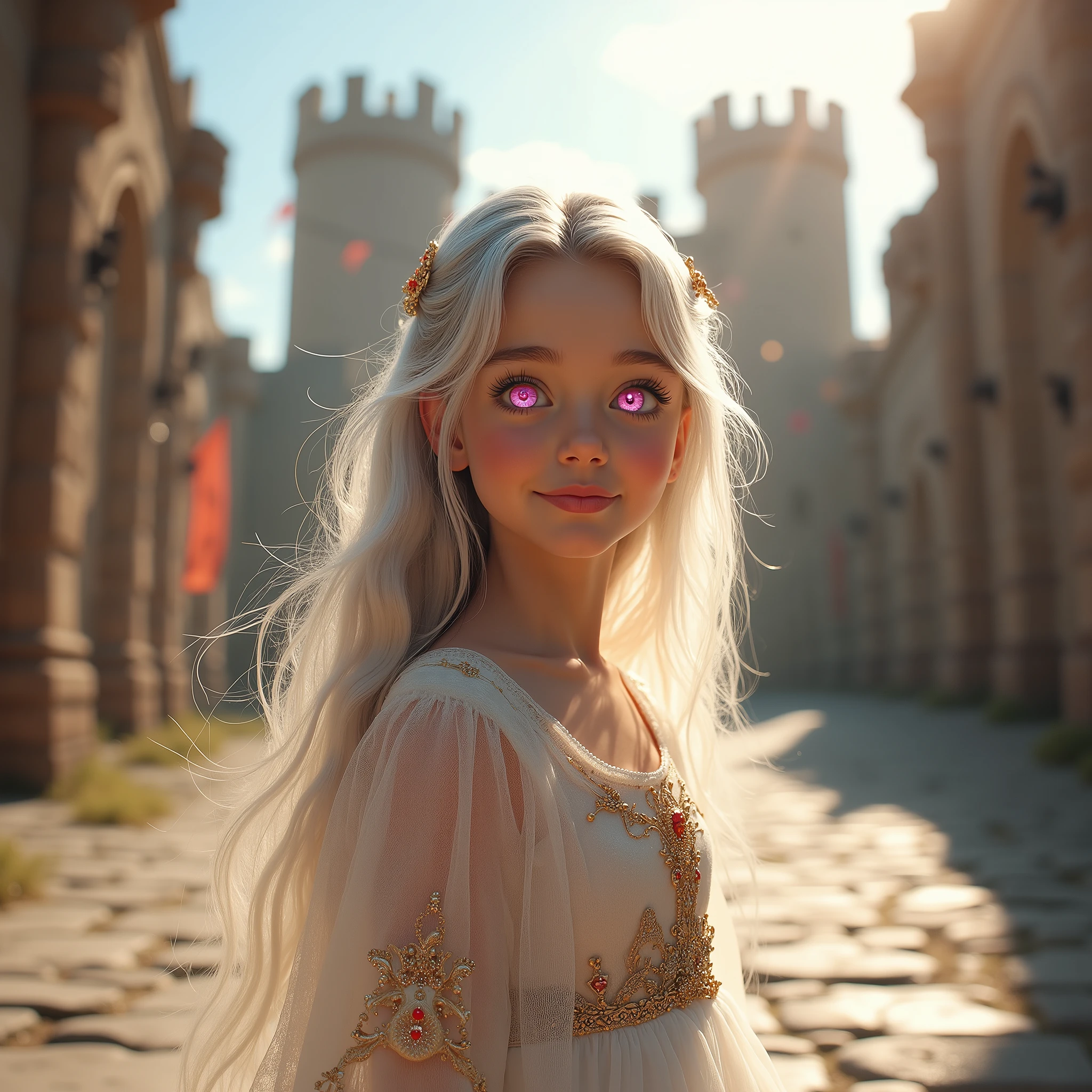 primer plano A beautiful and realistic princess niña of dreams 11 años, Angelic and Radiant children's face very very beautiful smiling, standing at the gates of a medieval city in bright daylight. 
seen from the front, she looks ahead with large, expressive rose-pink eyes muy muy rosados that glow vividly with innocence and wonder, shining with intense color. 
Her very long, thick silver hair cascades in heavy, soft waves almost to the ground, shimmering brightly in the sunlight with platinum and white highlights, glowing with a radiant metallic shine. The flowing hair moves gently in the breeze, creating a majestic and ethereal effect. 
She wears a flowing white ethereal dress with delicate golden embroidery, shimmering softly in the daylight. 
behind her, the medieval city gates and stone towers rise tall, with banners waving and sunlight illuminating the ancient stone. Beyond the gates, the open road stretches toward the horizon. 