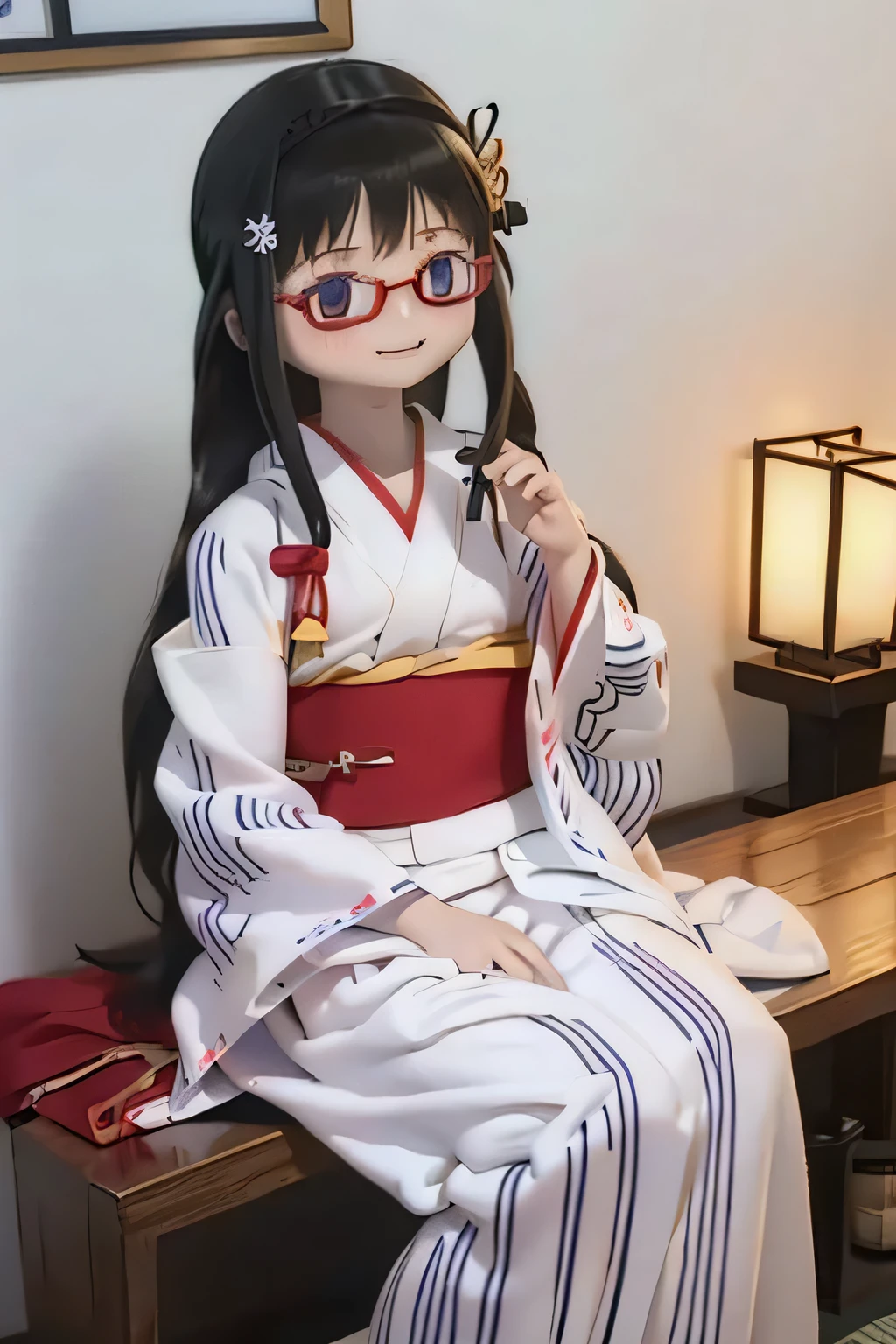 ( High Quality Wavy Lines, beautiful , masterpiece:1.2), ,{X} perfect face pose holding hands , (( Homura Akemi's hairstyle for sitting on a chair)), shut up, smile, intense , Black Haired Female Magical Girl, , ,, (((((I'm wearing a white yukata))))),, , open lips ((( red-rimmed glasses )))full body、 feet classroom