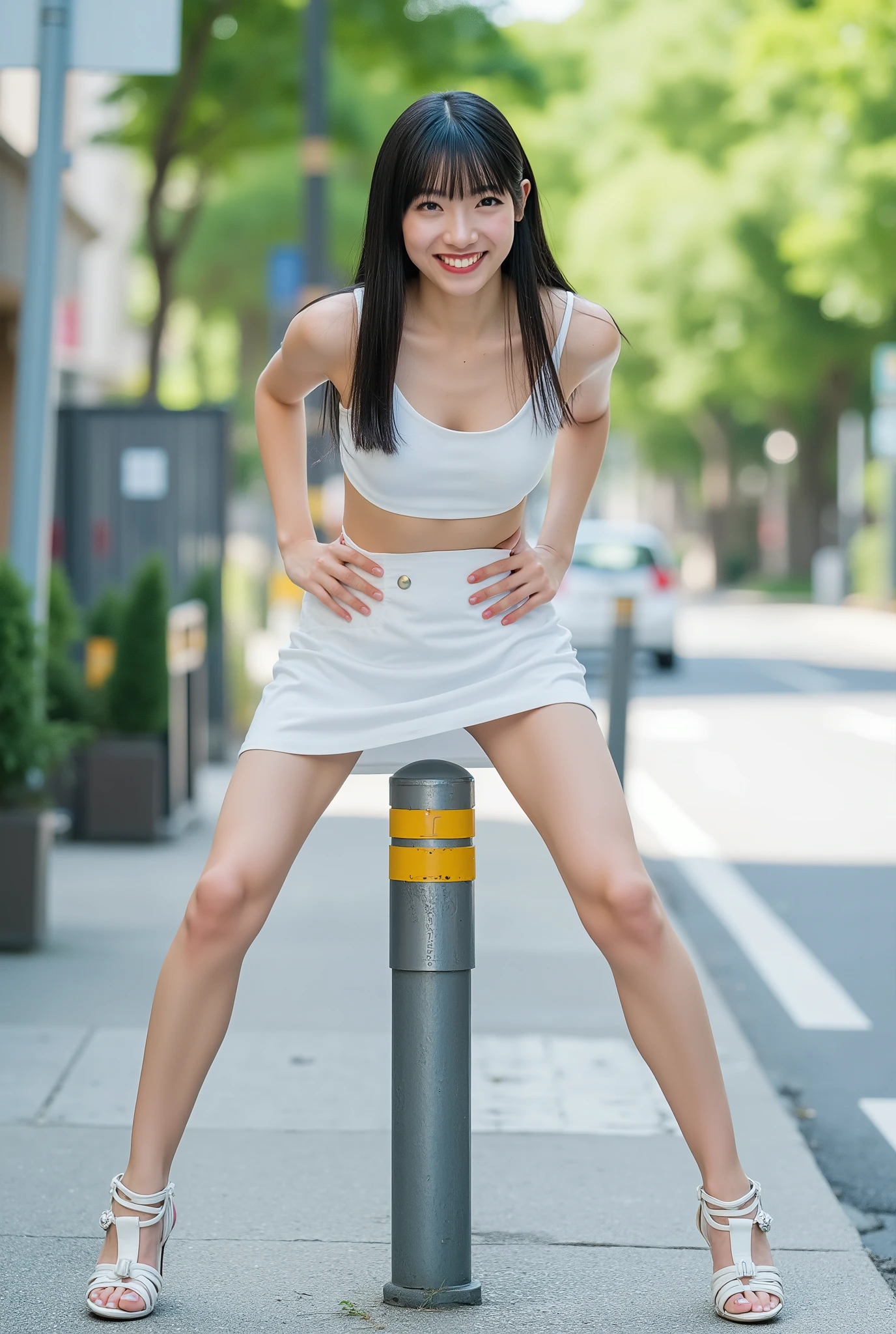 A high resolution photograph of an adult Japanese woman with a big smile.
Her hairstyle is straight long glossy dark hair down to the , with blunt bangs.
She's very tall.
She has (a small head, a small face:1.2), tiny and flawless porcelain-white skin.
She wears a white cropped tank-top and low-waist short-shorts.
She wears white heeled sandals with ankle strap.
.
(She's straddling a steel pipe bollard on the sidewalk with , hands on , and hitting the tip of the bollard against her under her skirt:1.5).
The background is blurred, it appears to be a bustling downtown setting, buildings, tree lined visible.
The sunlight filtering through the leaves creates rich contrast of light and shadow over her figure and across the scene.
The photo is taken from the front, from low angle view, with focus on the face.
The image depicts detailed face, detailed eyes, sophisticated nose, perfect hand, detailed hands, detailed fingers and anatomically correct proportion.
The aesthetic expression, amazing quality, extreme details, intricate details, sharp focus, rich contrast and use of professional lighting techniques make this photograph a masterpiece.
The image is live-action, realism and photo-realistic.