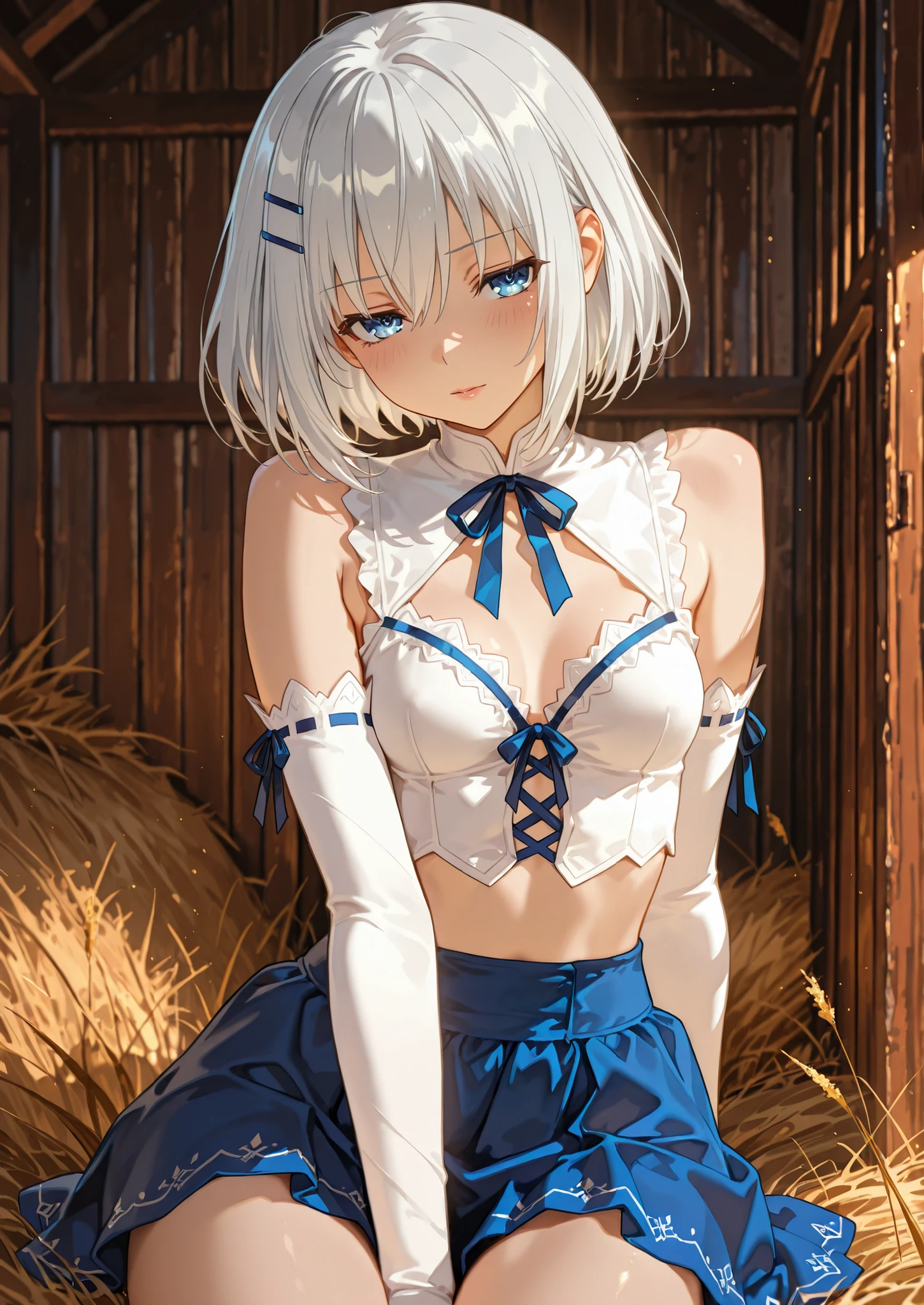 1girl, solo, tobiichi origami, date a live, white hair, hairclip, crop top, blue plated skirt, white elbow gloves, naturally sagging medium small breasts, sitting on hay, barn, medieval fantasy farm, seductive, sexy pose, alluring atmosphere, cinematic lighting and shadows, beautiful lighting and shadows, BREAK, masterpiece,top quality,warm color,high resolution,high fashion,absurdres extremely,vivid colors,intricate details,best quality,amazing quality,very aesthetic,newest,ultra-detailed, nsfw,