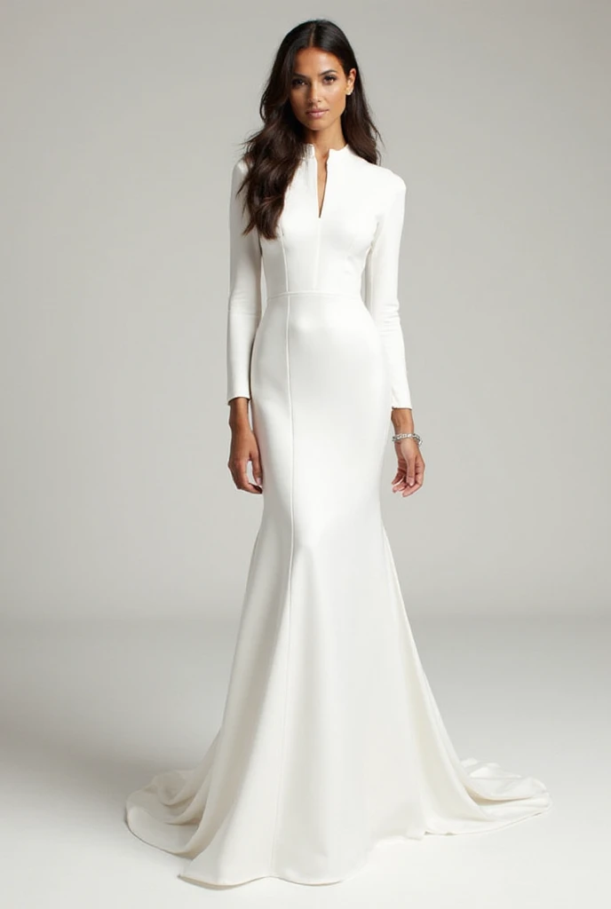 Bridal gown model: Haute Couture
Pearl silk satin (NO LACE)
Two long fitted sleeves
Boat neck going from one shoulder to the other at the same height
No neckline
Fitted without being vulgar
Opens subtly into a mermaid tail

(My dress has no lace) 

Dress this dress on a 1,51 cm tall, 75kg black model with a round face. 