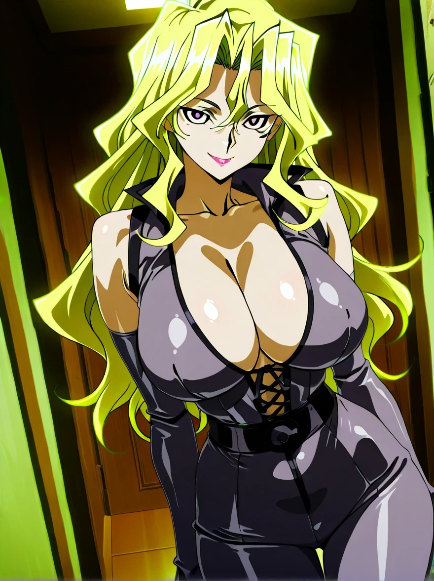 傑作、best quality、best resolution、best image quality、amazing quality、 very aesthetic、 absurdres、anime coloring、anime screencap、anime screenshot、1woman 、 Maivalentine 、solo 、blonde hair 、long hair 、purple eyes 、hair between eyes 、lipstick 、very large breasts 、cleavage 、large boobs 、large tits 、mature female 、narrow waist 、collarbone 、deltoids 、purple bodysuit 、bare shoulders 、long sleeves、outfit:bodysuit 、cyan sash 、sash 、tight bodysuit 、seamless 、purple high heels 、tall woman 、standing 、cowboy shot 、looking at viewer 、female focus 、dutch angle 、smile、elegant、elegant smile、sexy smile、cat's eye style、