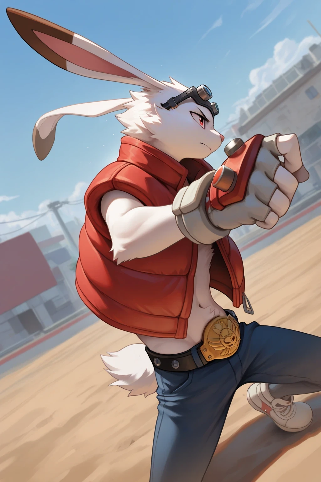 masterpiece, the best quality, newest, extremely high resolution, high resolution, dynamic angle, a boy,Alone, k1ngkazma, anthropology, rabbit, lagomorfo, leporid , mammal, eyes, Clothes, glasses on the head, jacket, fingerless gloves, Red Eyes, belt, pantalones, determined, combat posture, playful, looking at the spectator, black skin, amazing quality, sky blue, sunny day