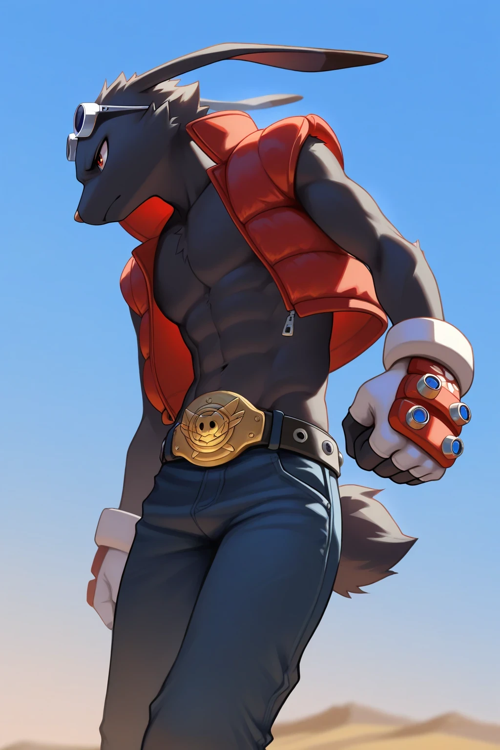 masterpiece, the best quality, newest, extremely high resolution, high resolution, dynamic angle, a boy,Alone, k1ngkazma, anthropology, rabbit, lagomorfo,  leporid , mammal, eyes, Clothes, glasses on the head,  jacket, fingerless gloves, Red Eyes, belt, pantalones, determined, combat posture, playful, looking at the spectator, black skin, amazing quality,  sky blue, sunny day