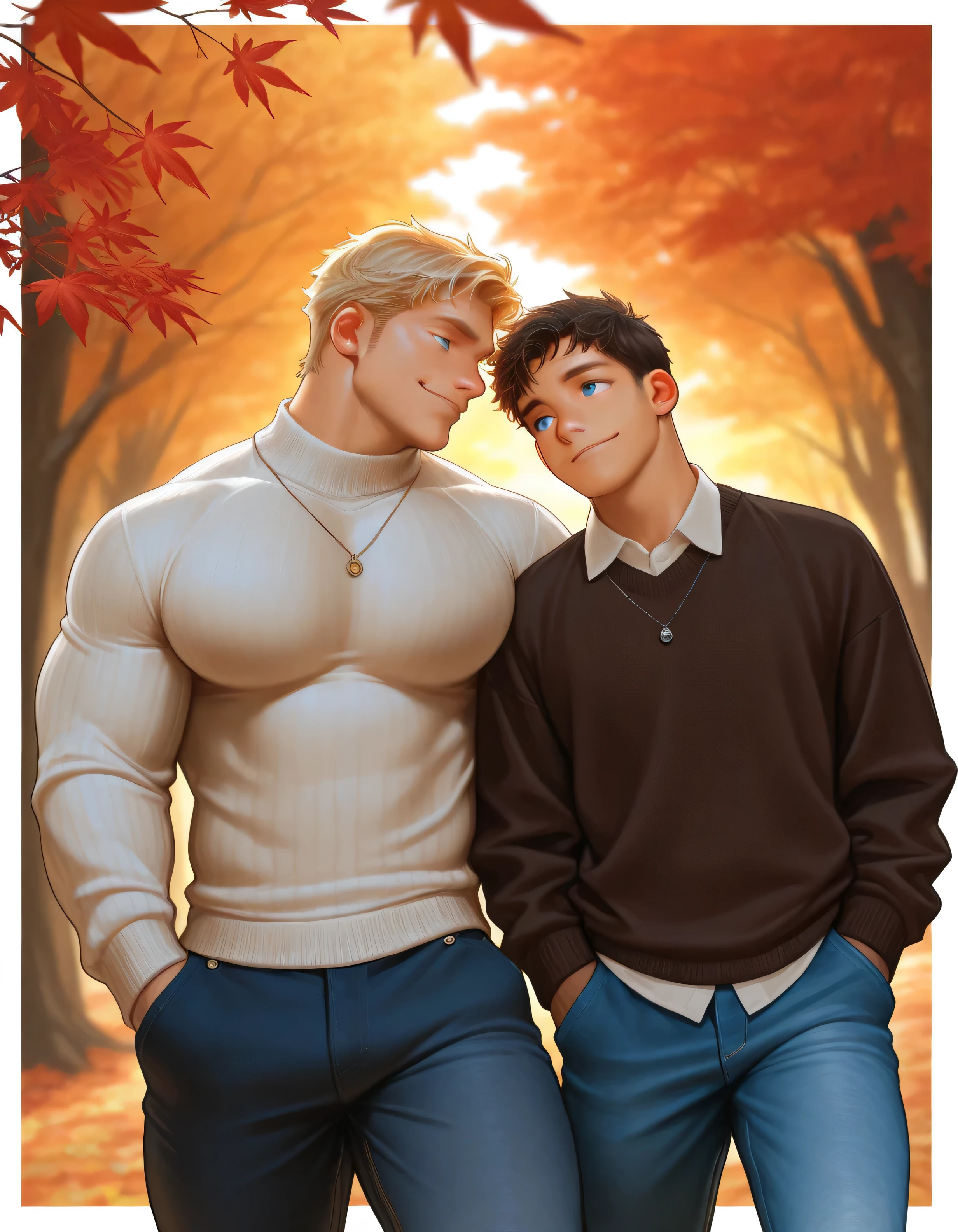 2boys, bara, male focus, height difference, short hair, blue eyes, blonde, brunette, muscular, necklaces, sweater, large pectorals, jeans, embrace, side by side, smirking, looking at another, simple background, autumn, maple leaf, (large white border, outside border), wind, dynamic pose, dynamic angle, depth of field, very awa, absurdres, masterpiece, best quality, warm lighting, amazing quality, very aesthetic, detailed background, realistic, amazing aesthetic, intricate details, perfect composition, refraction, 8K, dilf, bloom,