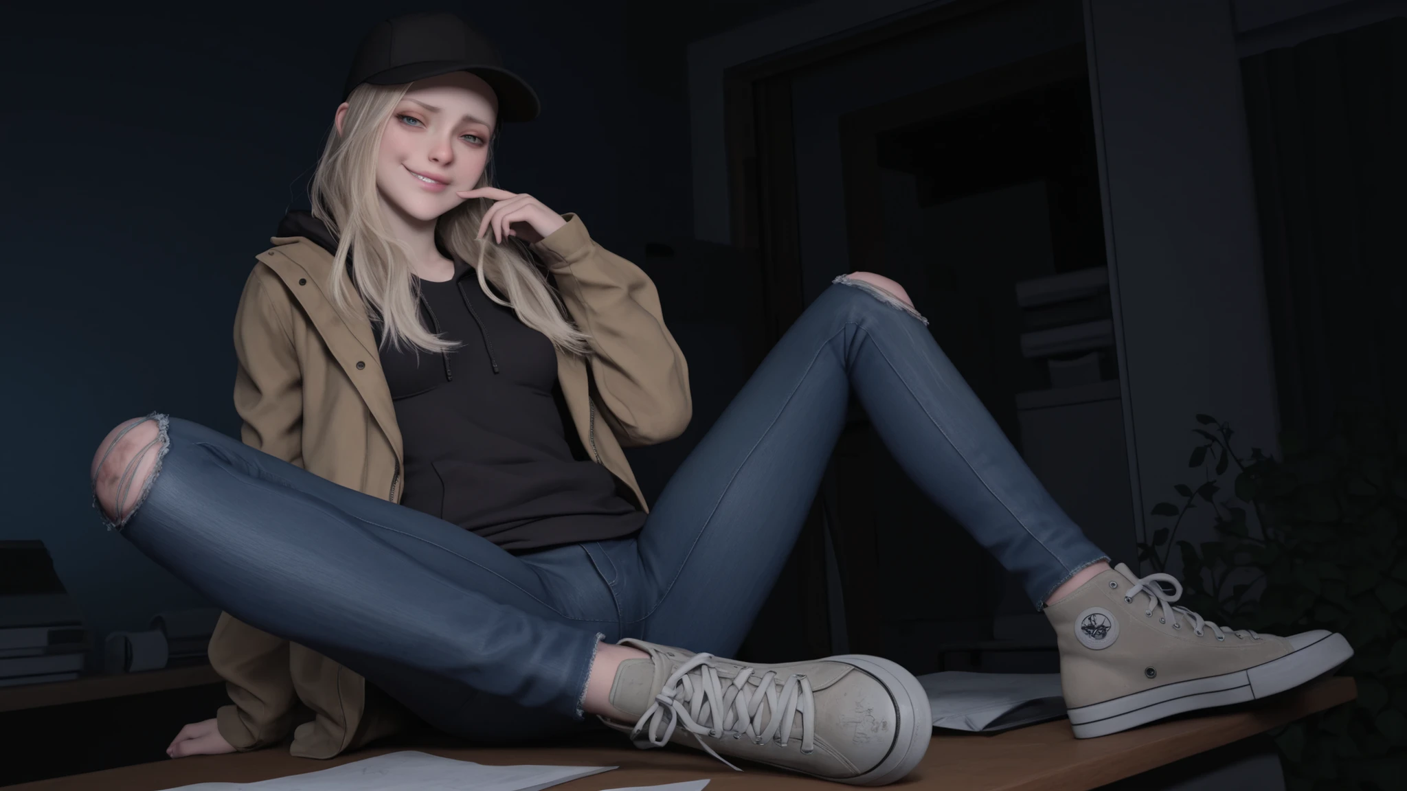 masterpiece, best quality, amazing quality, very aesthetic, absurdres, newest,   r0silf, 3d, 1girl, long hair, blonde hair, blue eyes, spiky hair, small breasts, baseball cap, jacket, hood down, jeans, ripped jeans, sneakers, adult girl, sexy pose, seductive, flirting, looking at viewer, sitting on desk, legs spread apart, smug smirk, front view, front view, front shot, abandoned dirty office, indoors, dark, vines, horror scene
